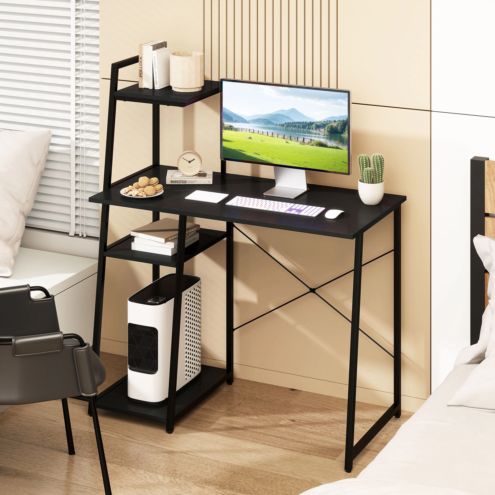 SUGIFT Computer Desk with 3-Tier Storage Bookshelf and Shelves 155-lb Desktop Capacity Rustic Brown & Black/Natural &