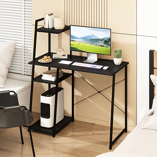 SUGIFT Computer Desk with 3-Tier Storage Bookshelf and Shelves 155-lb Desktop Capacity Rustic Brown & Black/Natural &