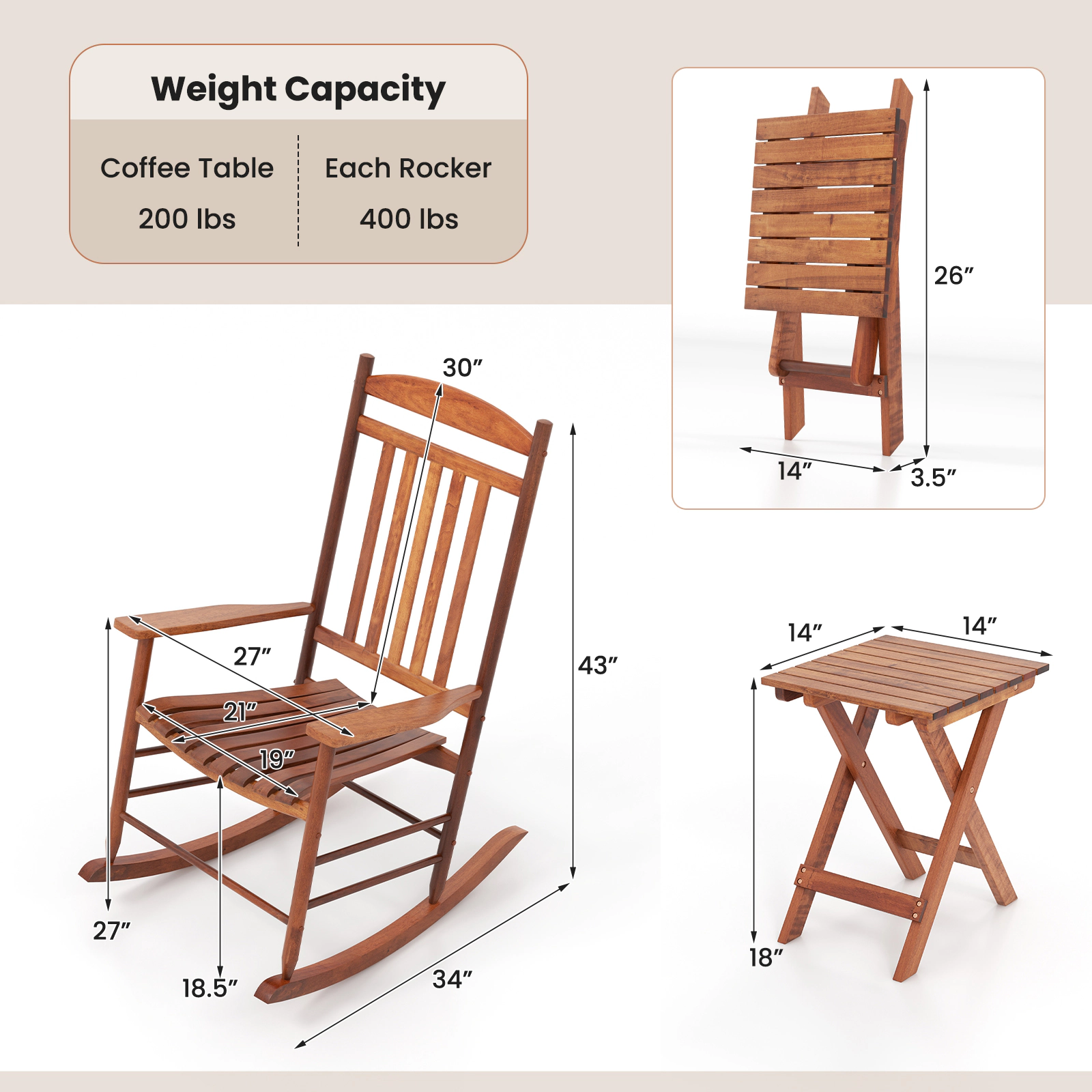 SUGIFT 3-Piece Poplar Wood Rocking Conversation Bistro Set with Folding Side Table 400-Lb Rocker Capacity Natural