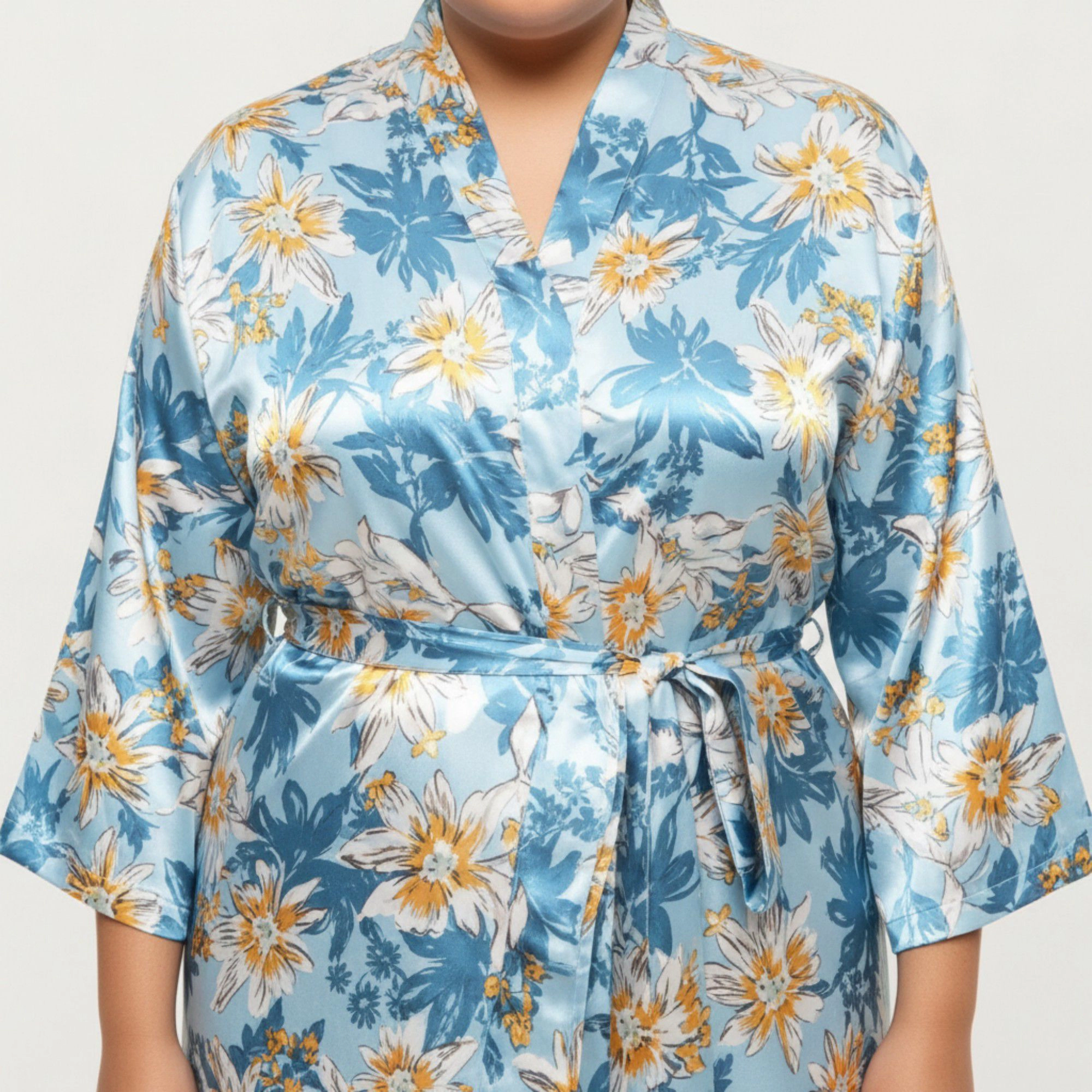 Anna-Kaci Women's Floral Print Satin Robe with Waist Tie Soft Silky Fabric Wide Sleeves and Flowing Longline Silhouette