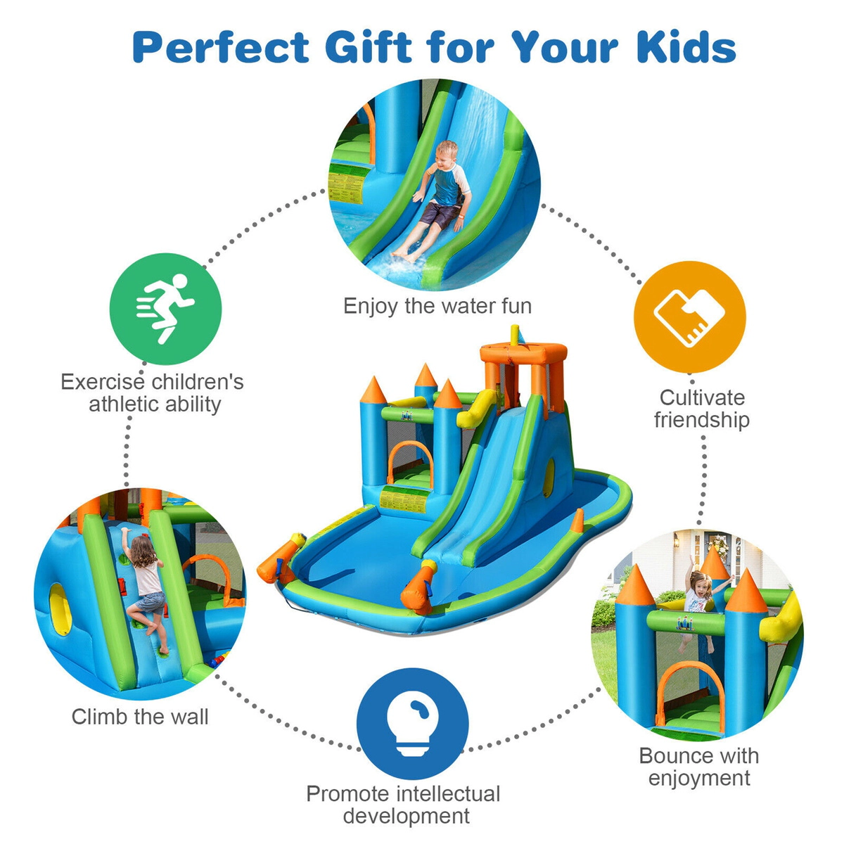SUGIFT 19.5-ft Inflatable Water Slide Bounce House with Splash Pool Ball Pit and 735W Blower for Yard
