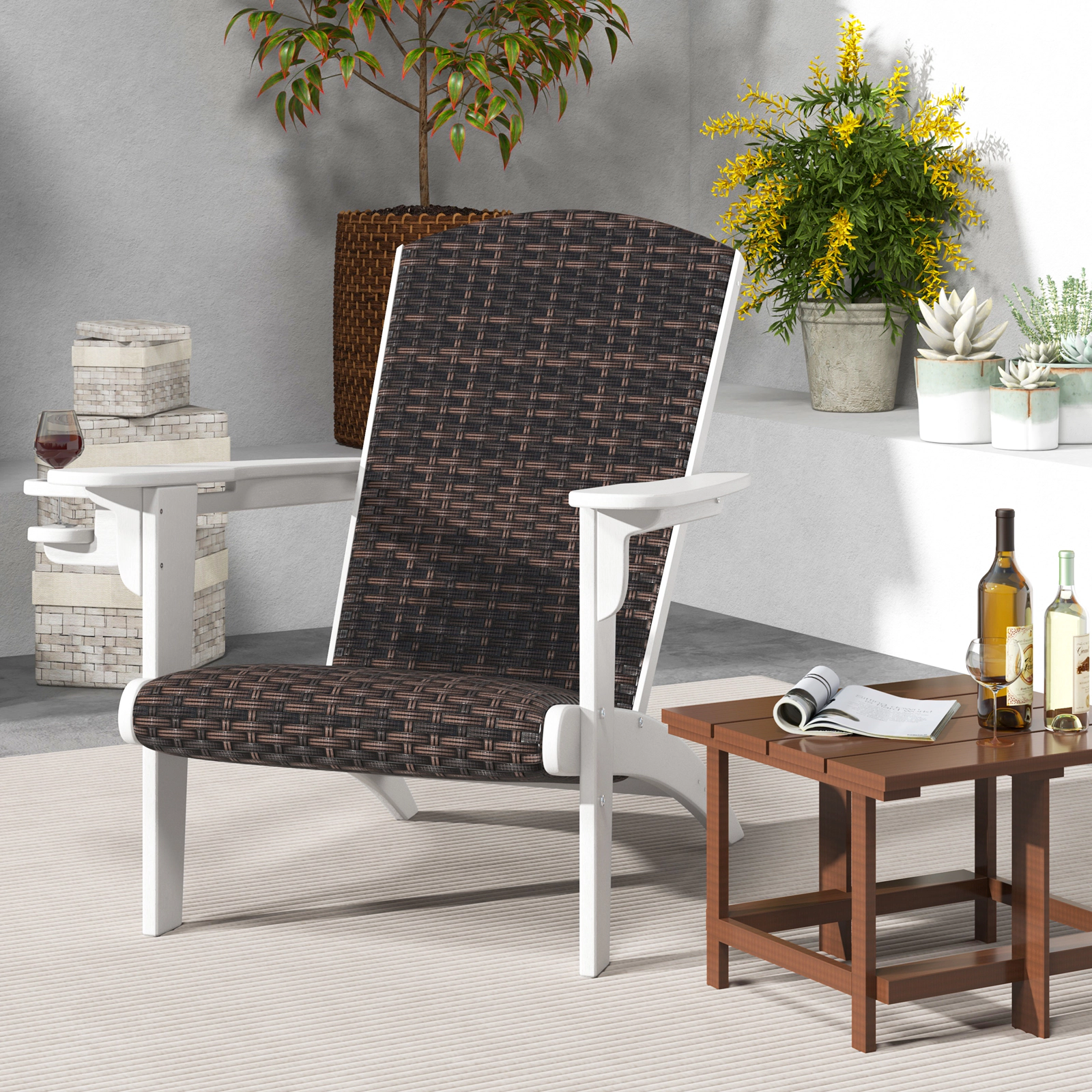 LJG Patio Adirondack Chair with Rattan Padded Seat and Hidden Cupholder