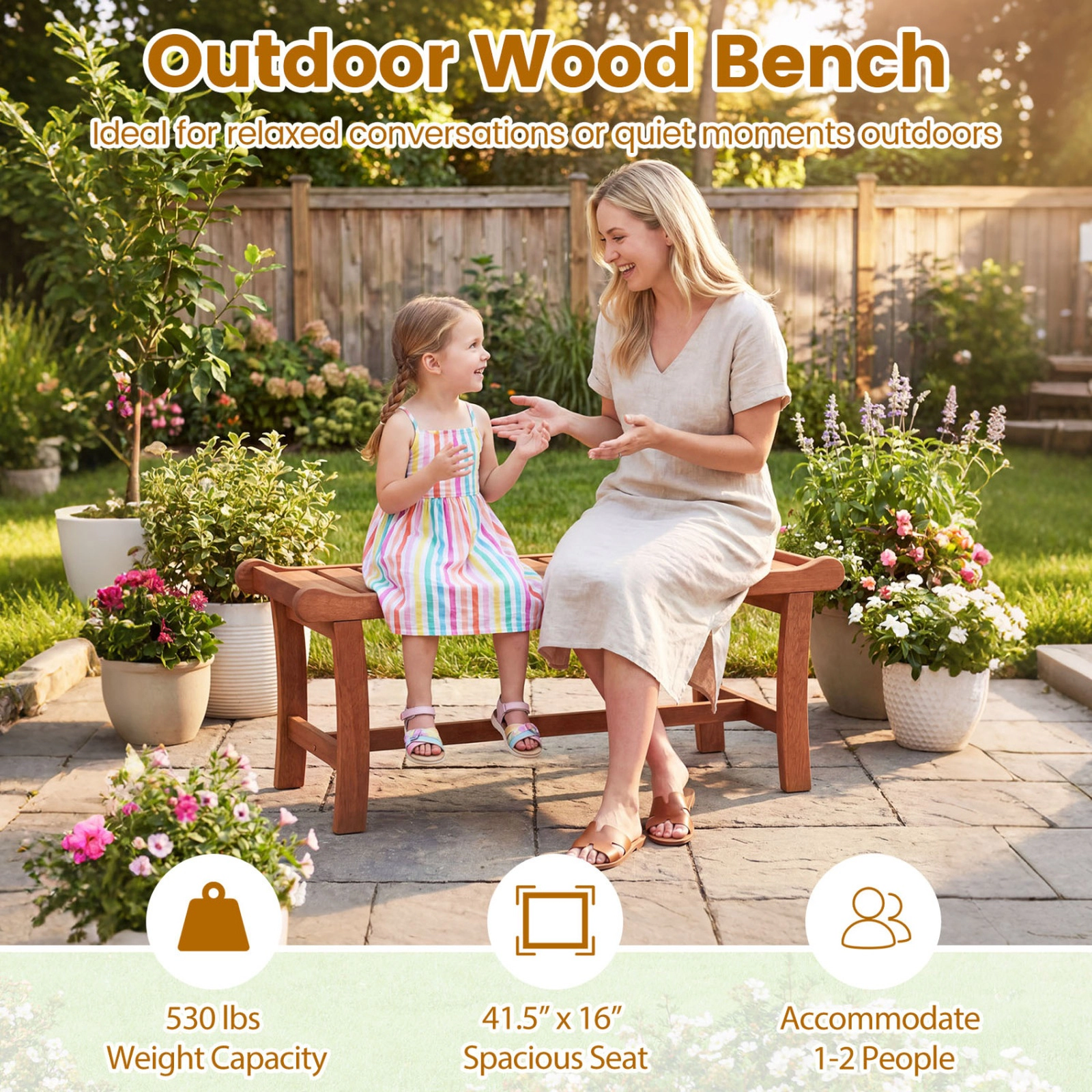 SUGIFT 2-Person Outdoor Mixed Hardwood Bench with Slatted Seat and Raised Edges 530-lb Capacity Orange Set of 2