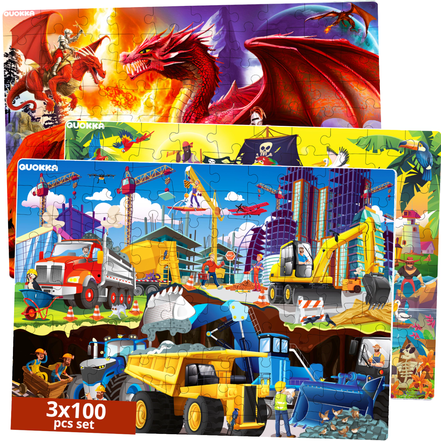 QUOKKA 3-Pack Floor Jigsaw Puzzles for Kids Ages 4–10, 100 Pieces Each, Educational Themes