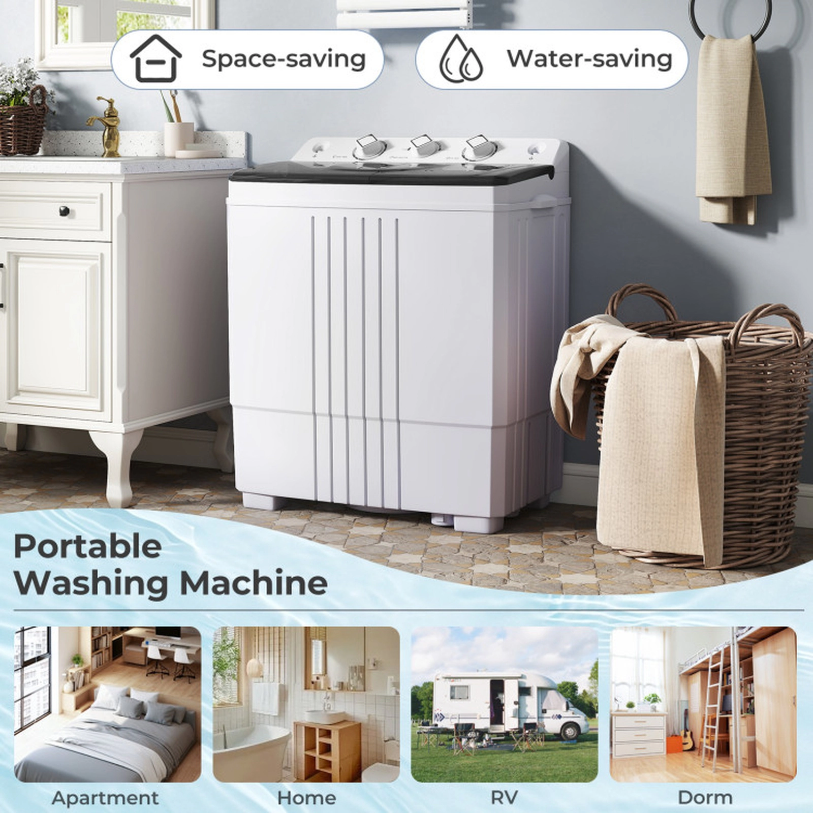 SUGIFT Black 12-lb Wash 8-lb Spin Twin Tub Portable Washing Machine with Drain Pump and Stable Feet