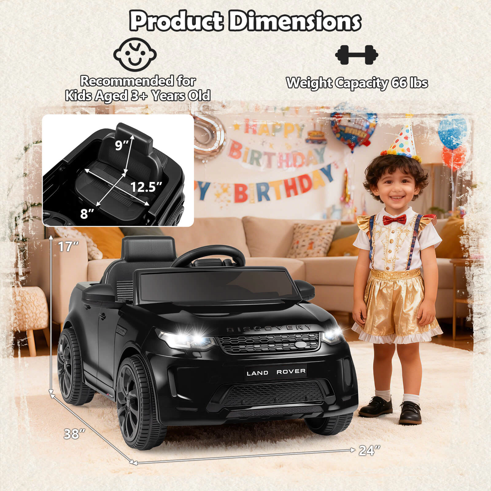 Costway 12V Licensed Land Rover Kids Ride on Car with Remote Control, LED Lights, Music, Horn