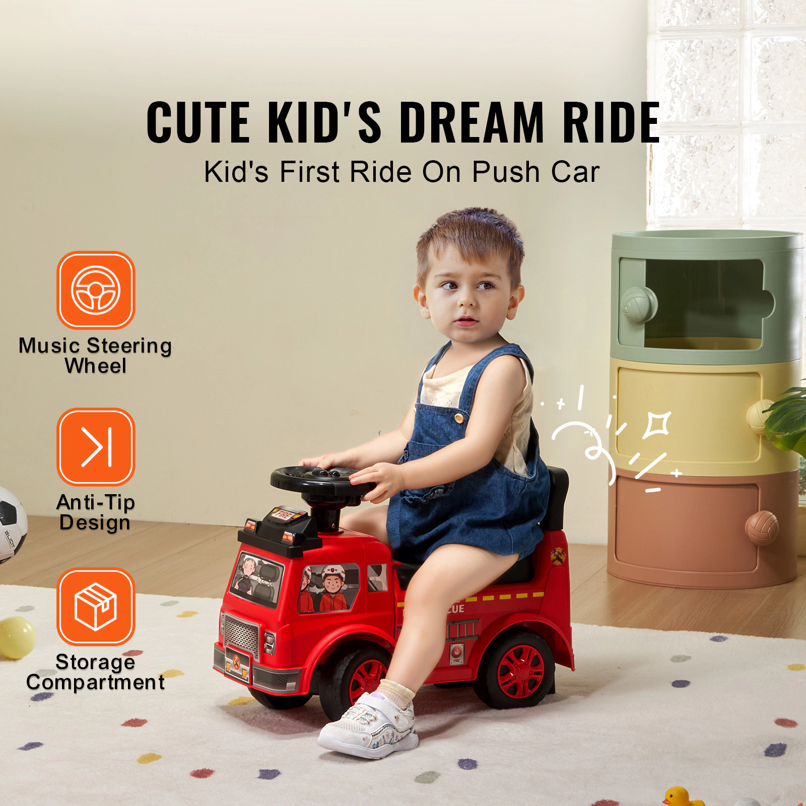 HONGGE Toddler Sit-to-Stand Ride On Push Car with Music Steering Wheel & Under-Seat Storage for Ages 1-3, Red