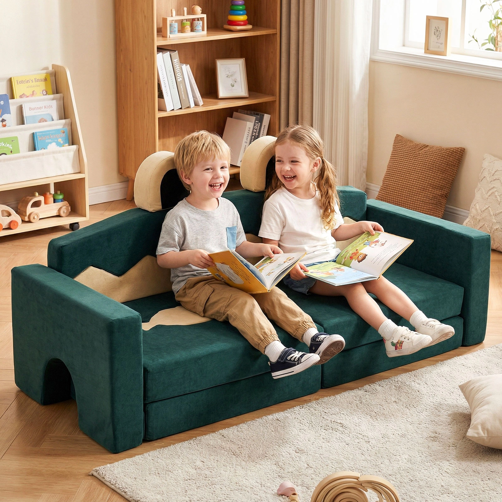 SUGIFT 17-Piece Modular Kids Play Couch Sofa Chair 55-in Wide Velvet Fabric and Foam Ages 3+ Crocodile