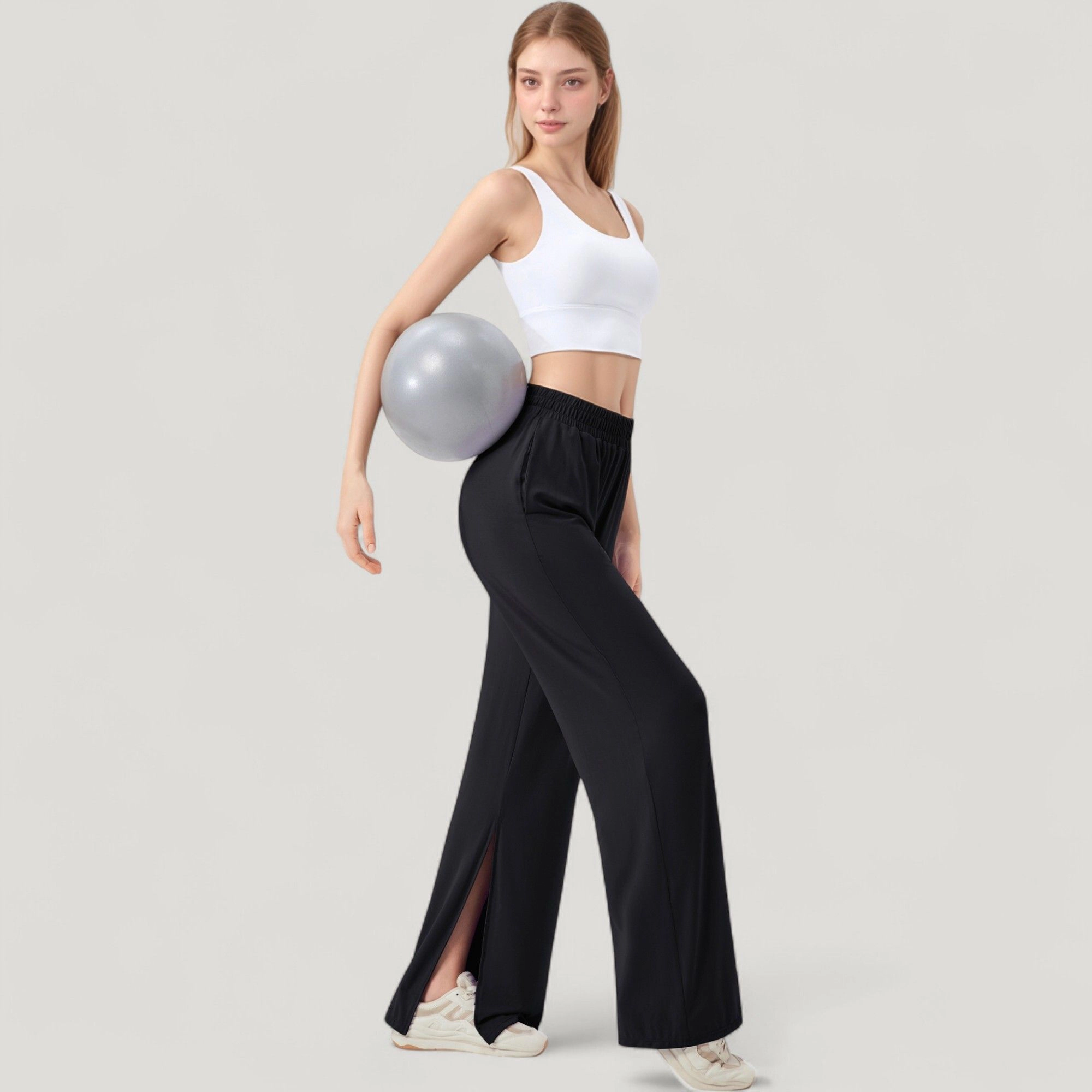 Anna-Kaci Women's Wide-Leg Lounge Pants with Elastic Waistband and Side Slit Hem Detail