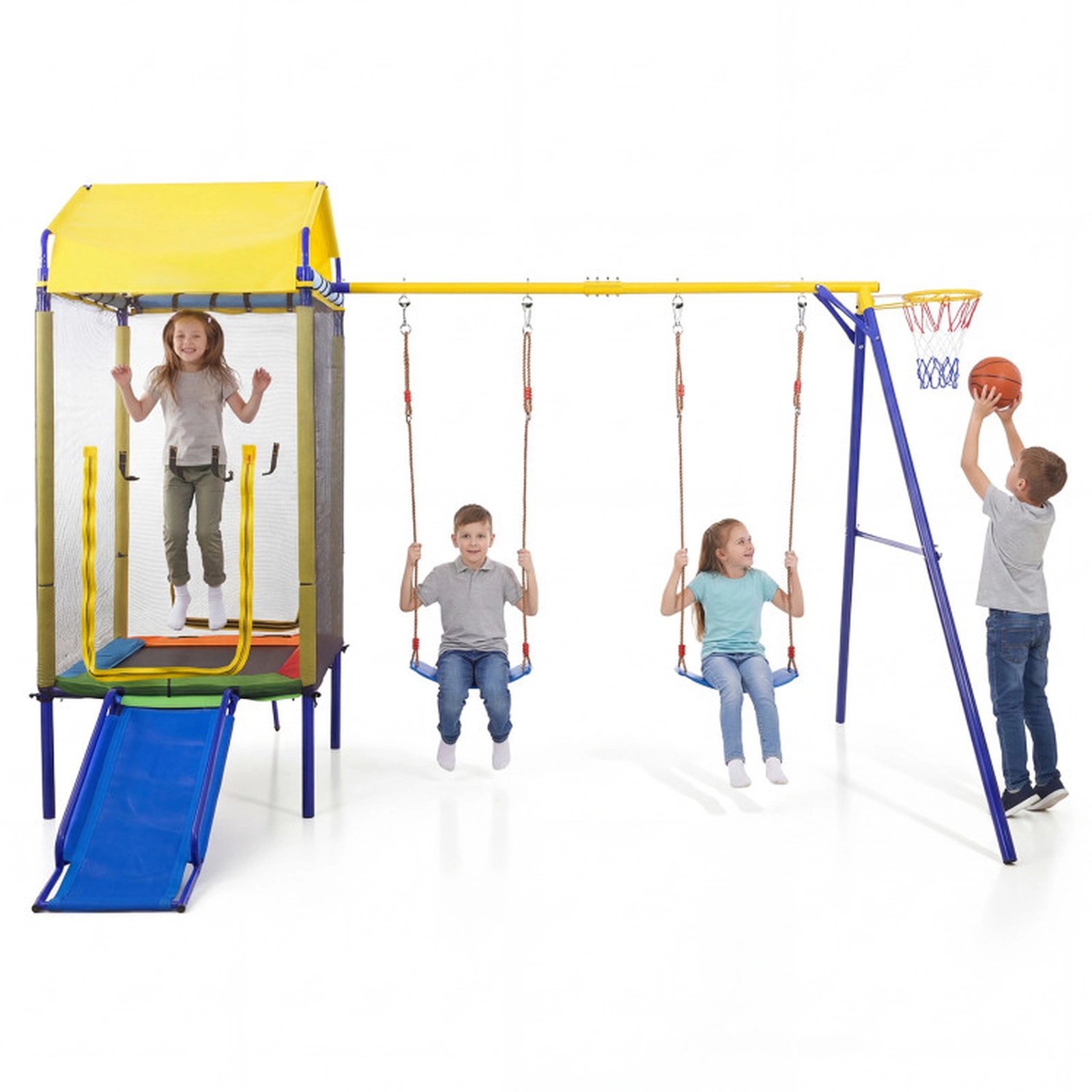 SUGIFT 5-in-1 Kids Outdoor Swing Set with Trampoline and Basketball Hoop 330-lb Trampoline Capacity 8+ Years Yellow+Blue