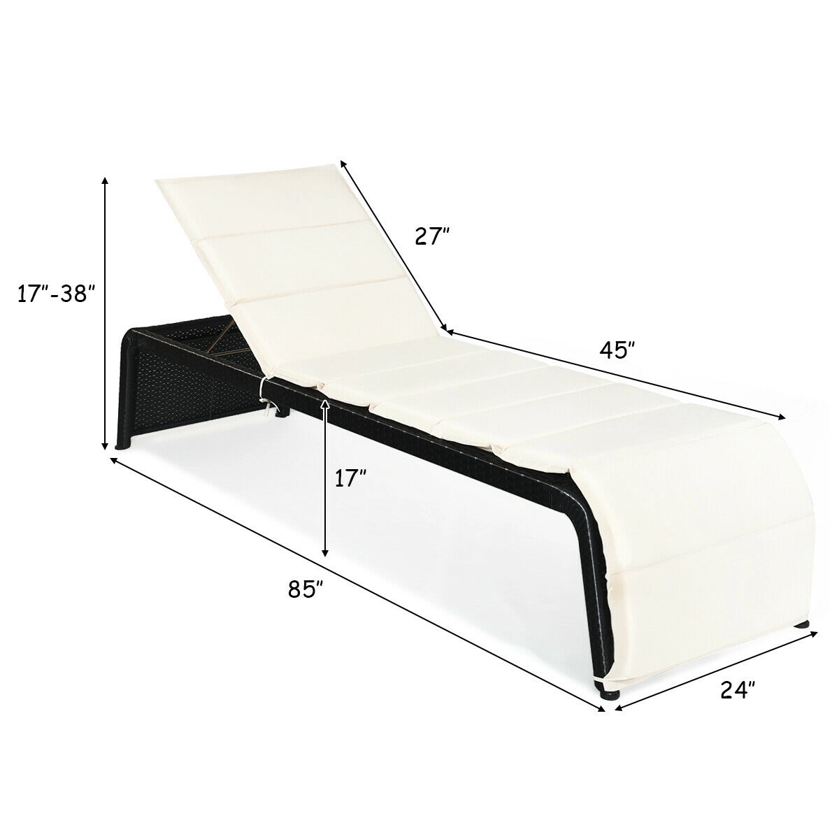 SUGIFT White 5-Position Backrest Cushioned 700-lb Capacity 85 in Patio Rattan Chaise Recliner