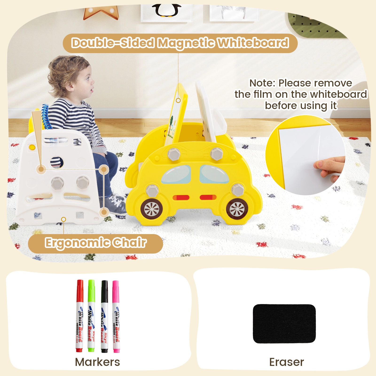 SUGIFT Yellow Art Easel Stool and Book Rack 5-in-1 Convertible Toddler Slide Set