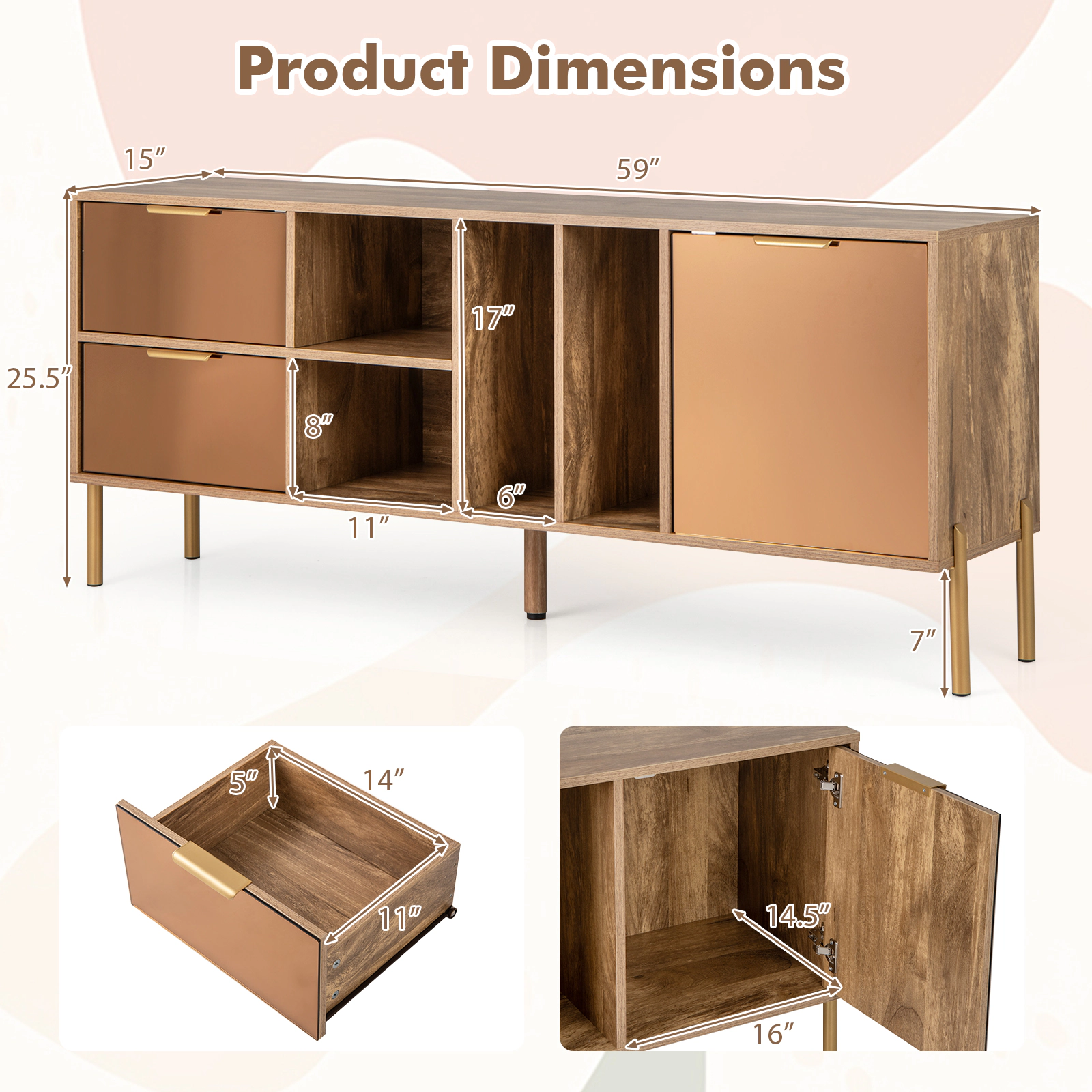 SUGIFT 59-in 180-lb Tabletop Natural Mirrored Buffet Cabinet with 2 Drawers 4 Open Compartments and 1 Door
