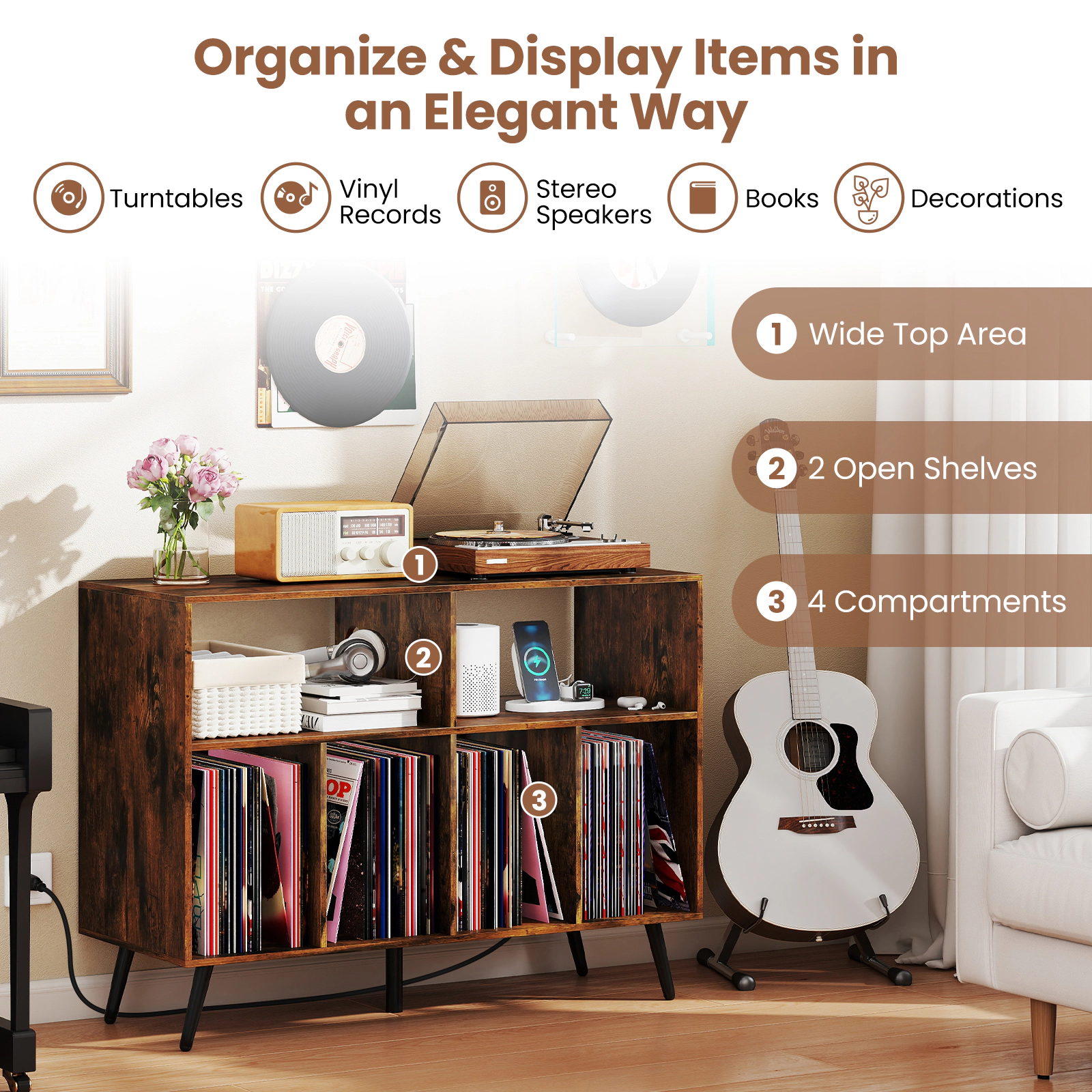 Glintex 40-Inch Record Player Stand with 4 Record Compartments and Charging Ports, Rustic Brown