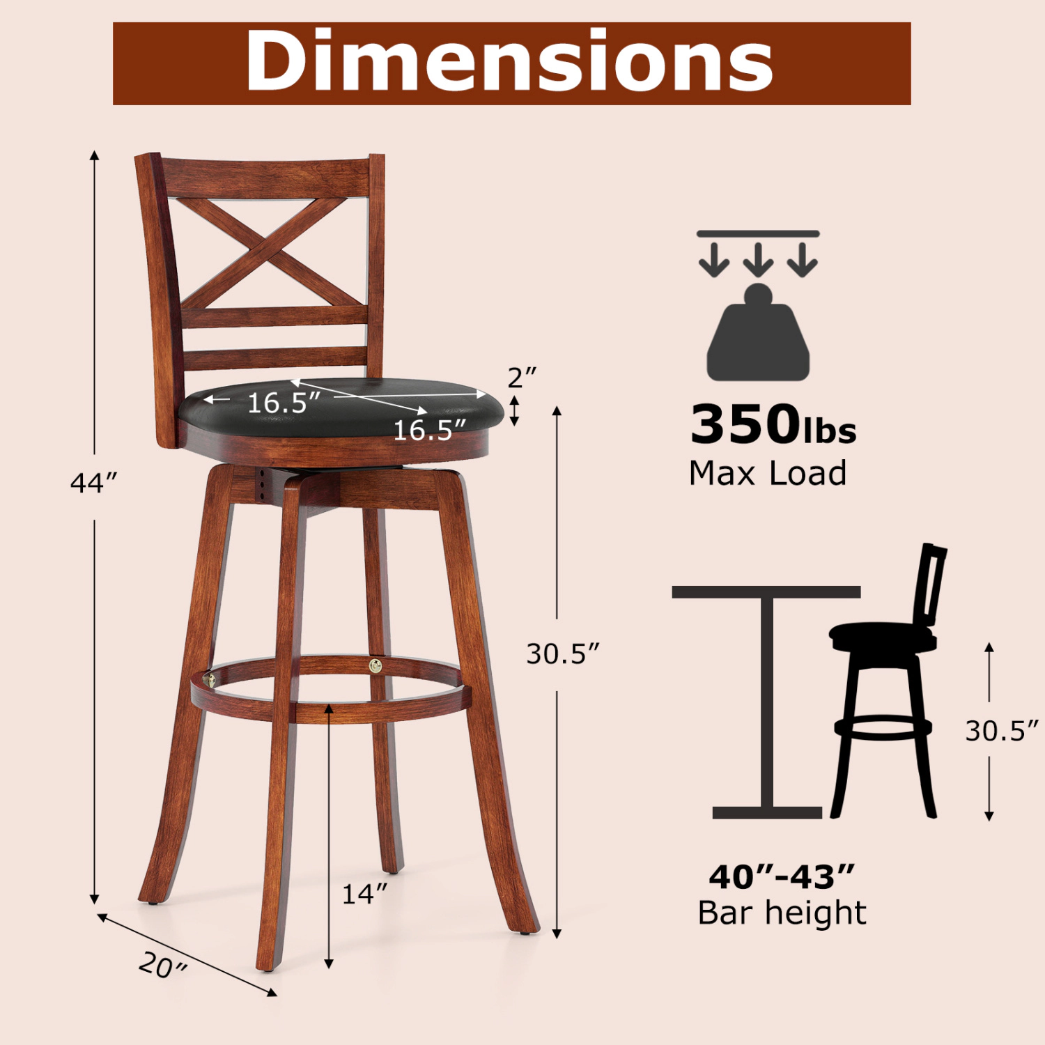LJG Swivel Barstools Set of 2 with Backrest and Footrest