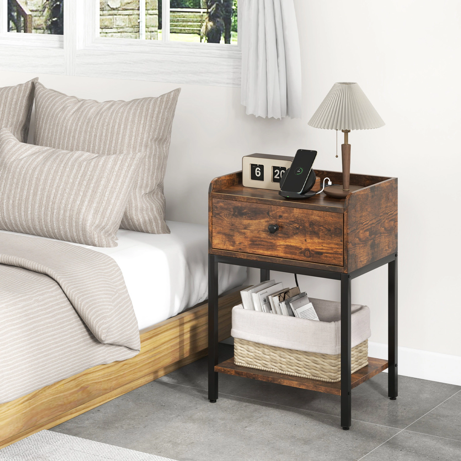 Hivvago Industrial Bedside Table Nightstand With Charging Station