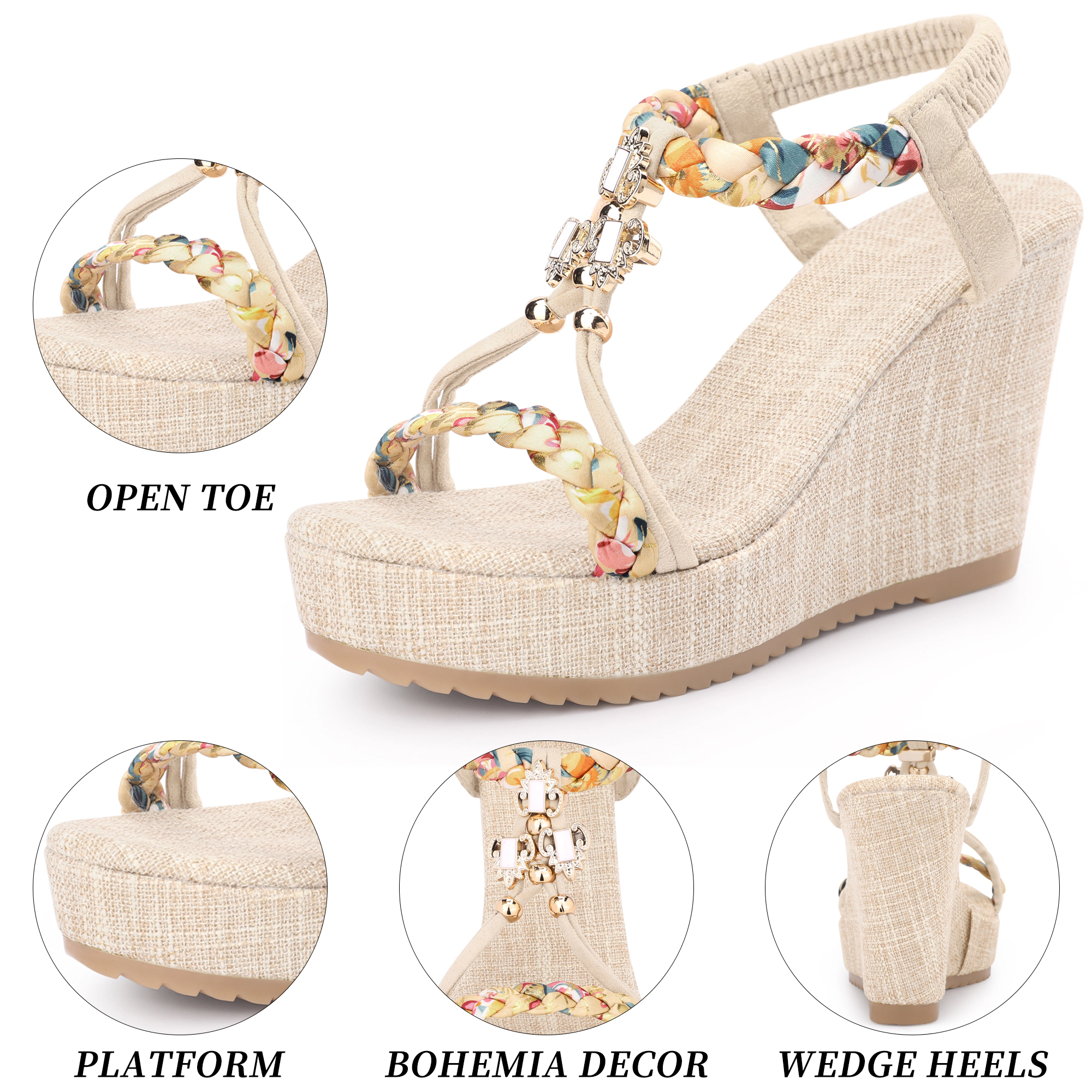 BLISSFUL STEP Women's Bohemia Pull on Platform Wedge Heel Sandals