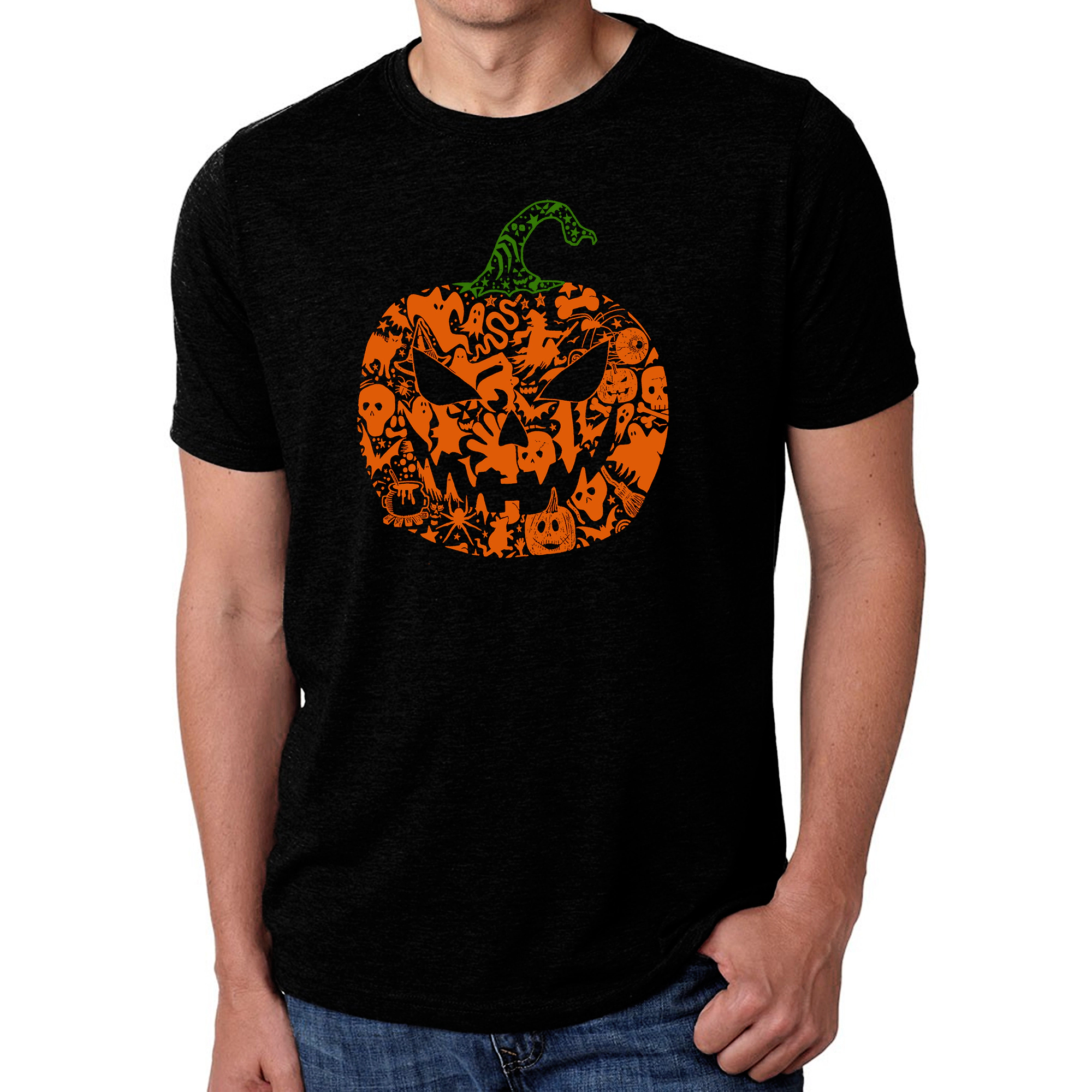 LA Pop Art Men's Cotton/Poly Blend Halloween Pumpkin Word T-Shirt
