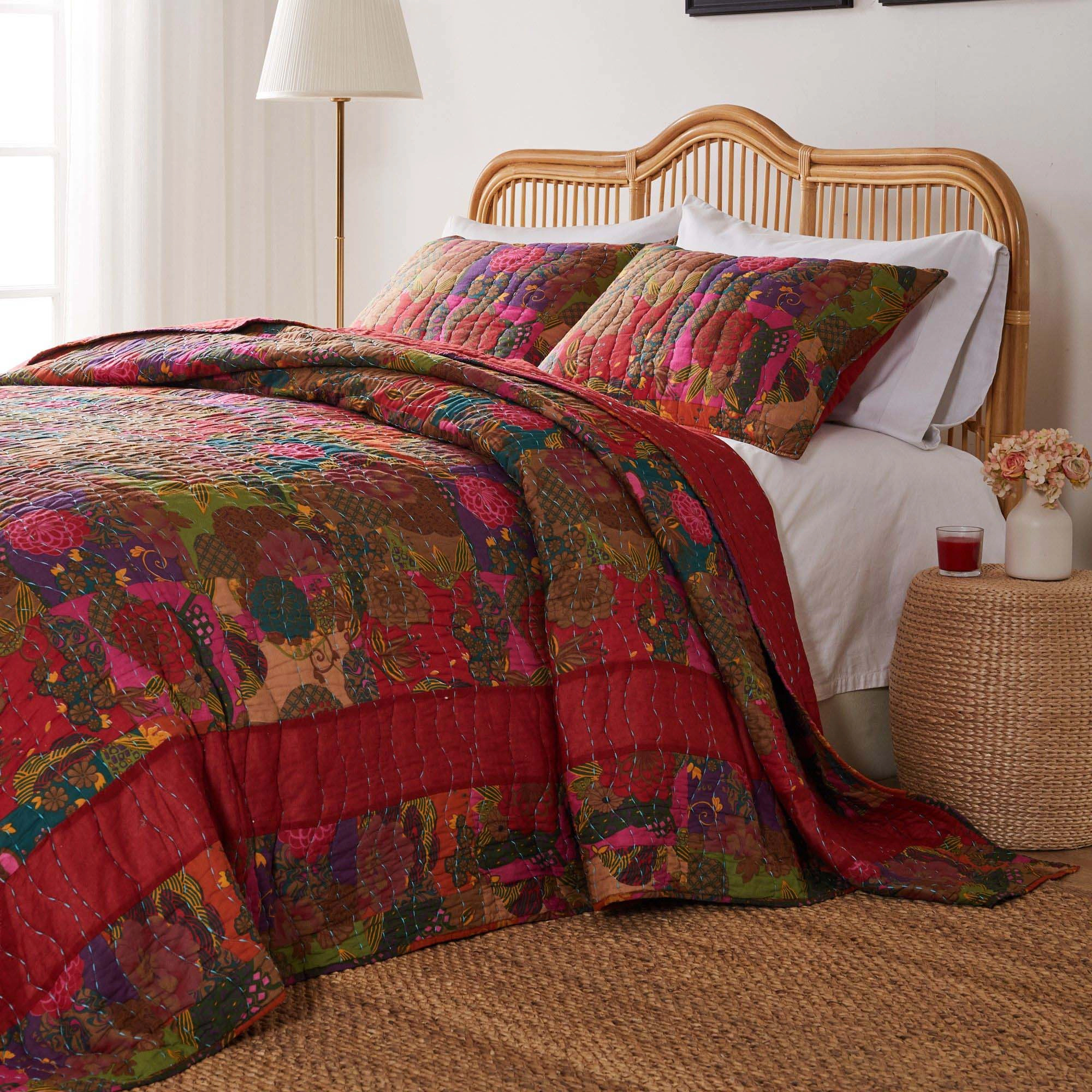 Greenland Home Fashions Jewel Cotton Kantha Quilted Bedspread Set Jumbo Sized Reversible Quilt Set 3 Piece