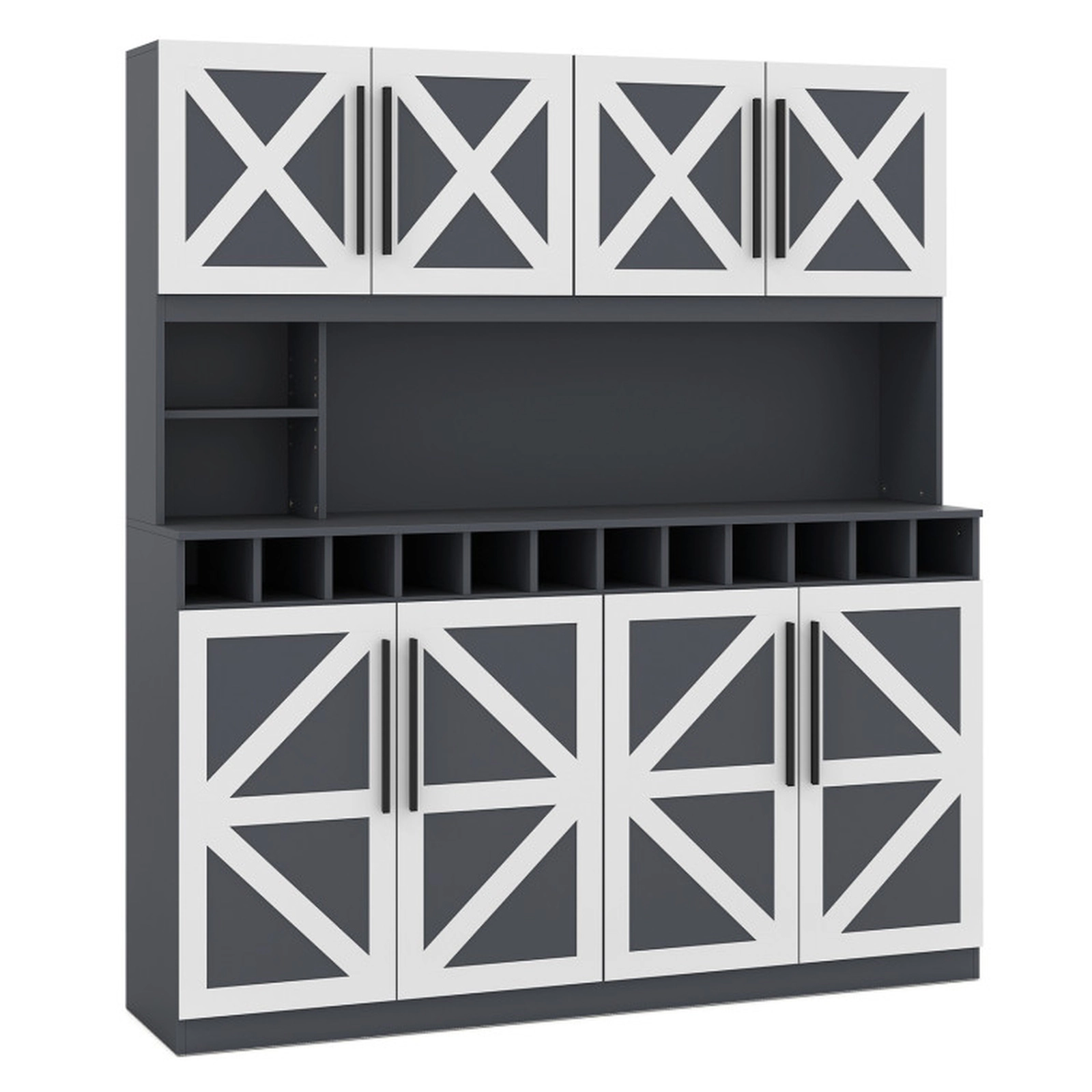 SUGIFT 70-in Farmhouse 4 Cabinets 2 Shelves 12 Wine Slots Kitchen Pantry Hutch 63-in x 16-in 330-lb Capacity Dark Gray