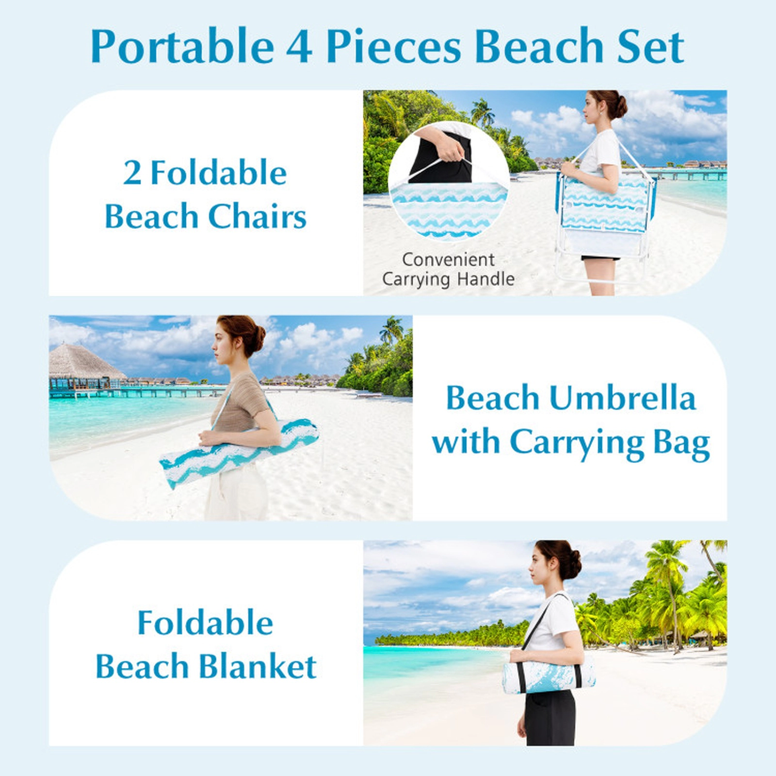 SUGIFT Blue 2 Folding Chairs and 80-in Picnic Blanket 4-Piece Beach Umbrella Set