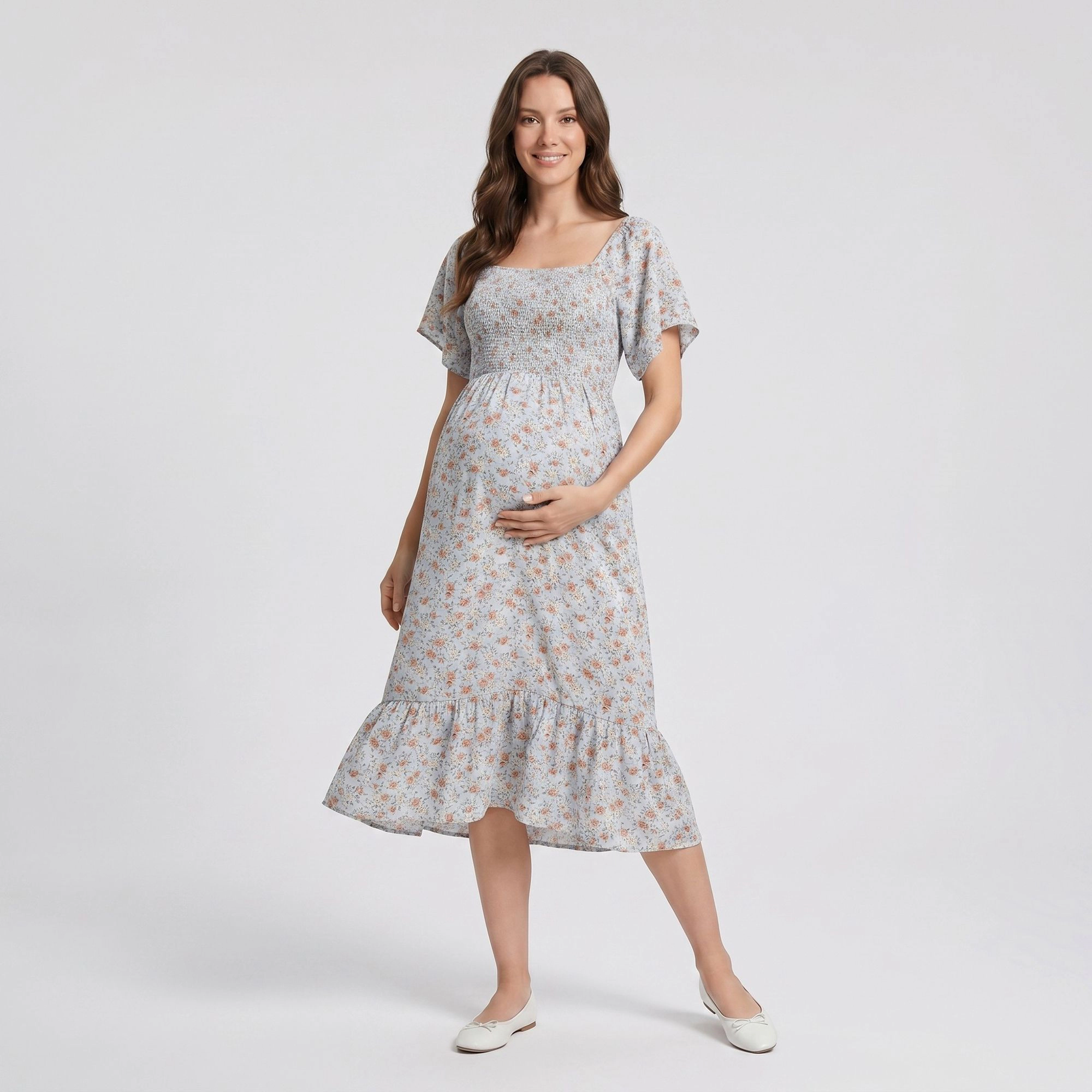Anna-Kaci Women's Maternity Floral Square Neck Smocked Bodice Flutter Sleeve Midi Dress
