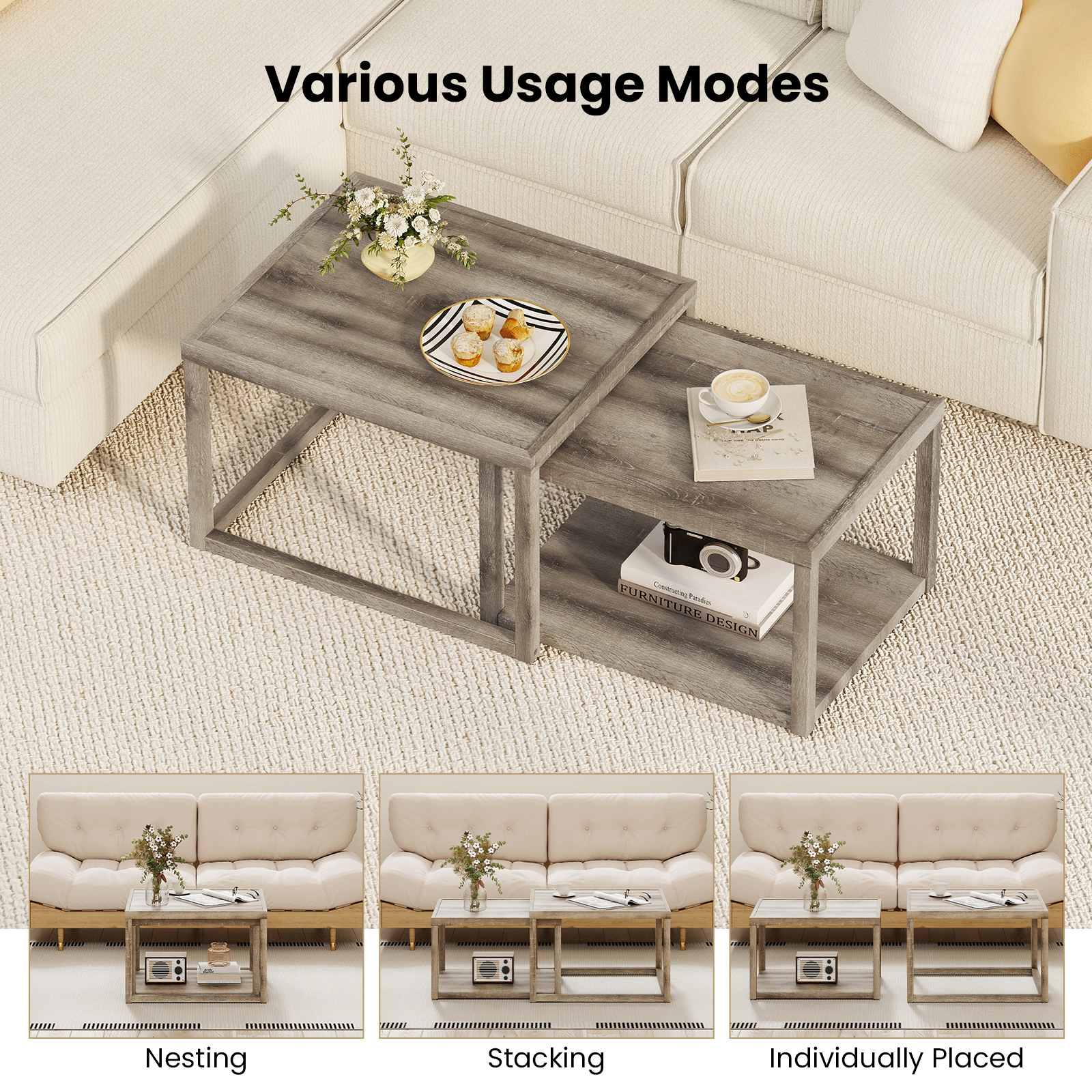 Slickblue Set of 2 Coffee Table Set Rectangular Nesting Tables with Open Shelf Gray Finish