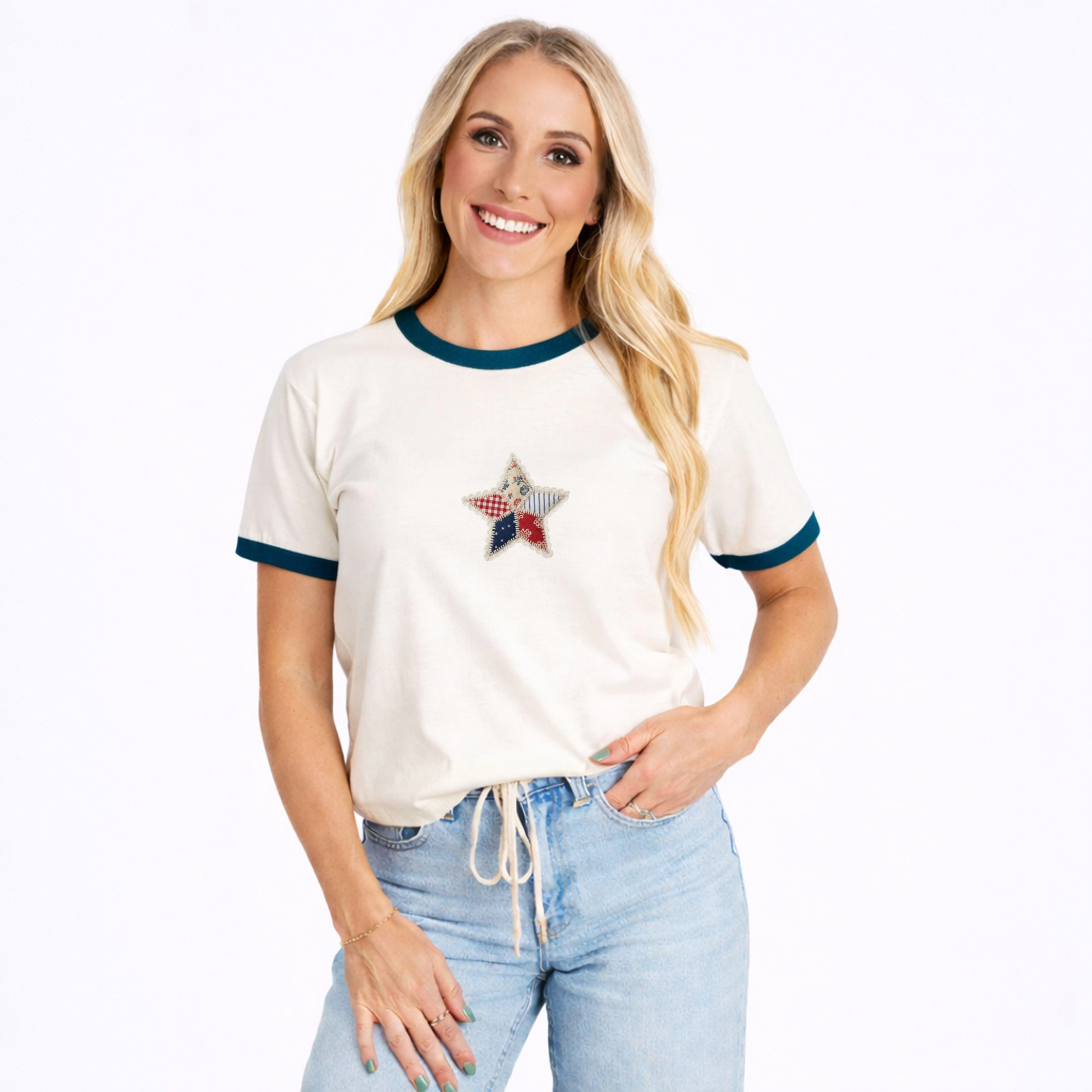 Simply Sage Market - Patriotic Star Faux Patchwork Women's Ringer Graphic T-Shirt