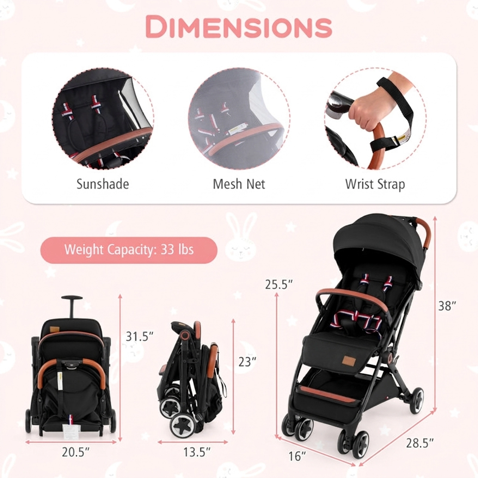 SUGIFT Lightweight Aluminum Frame Baby Stroller 33-lb Capacity Ages 0-3 Years Black with Parasol and Mosquito Net