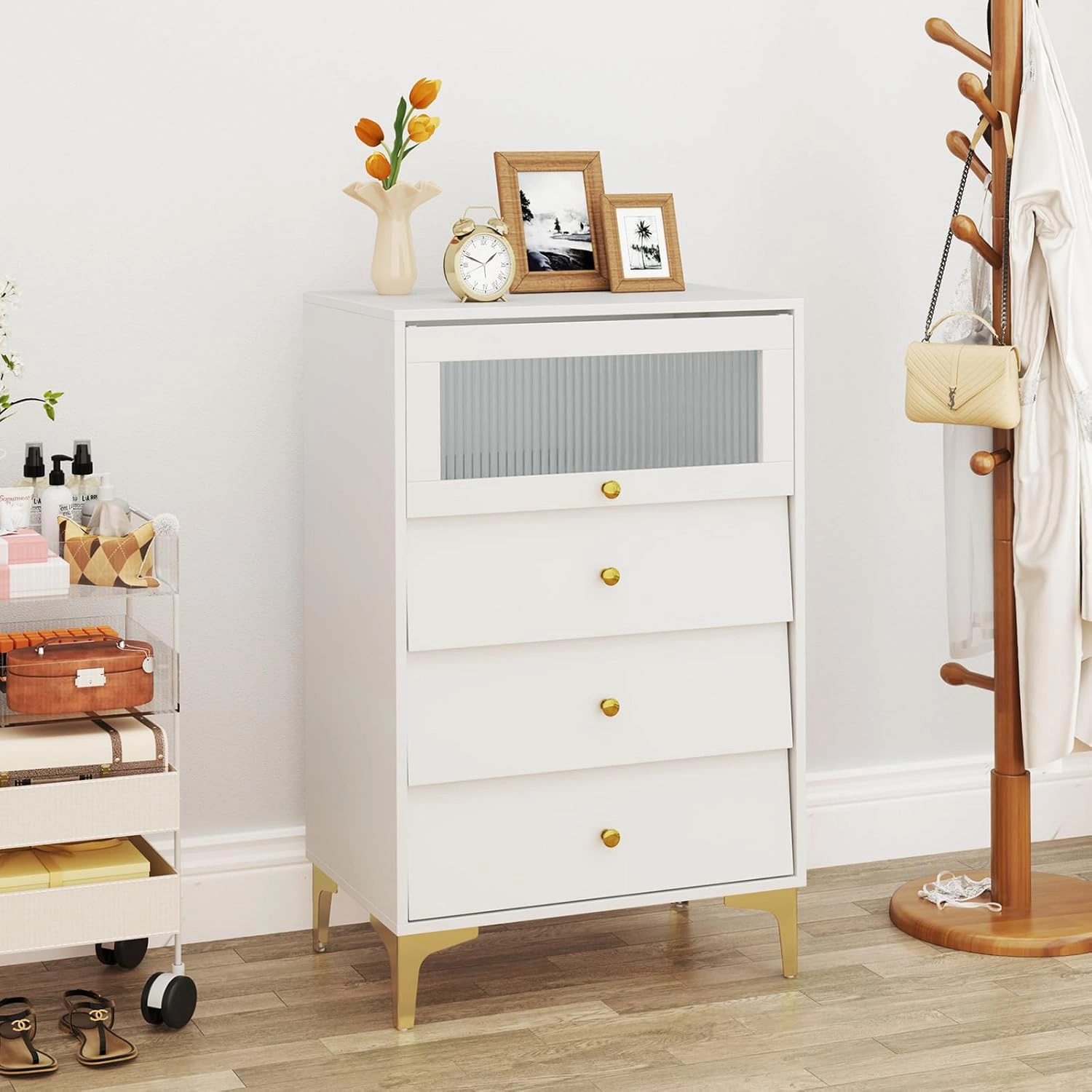 Slickblue Storage Cabinet with Fluted Glass Door and Three Pull Out Drawers