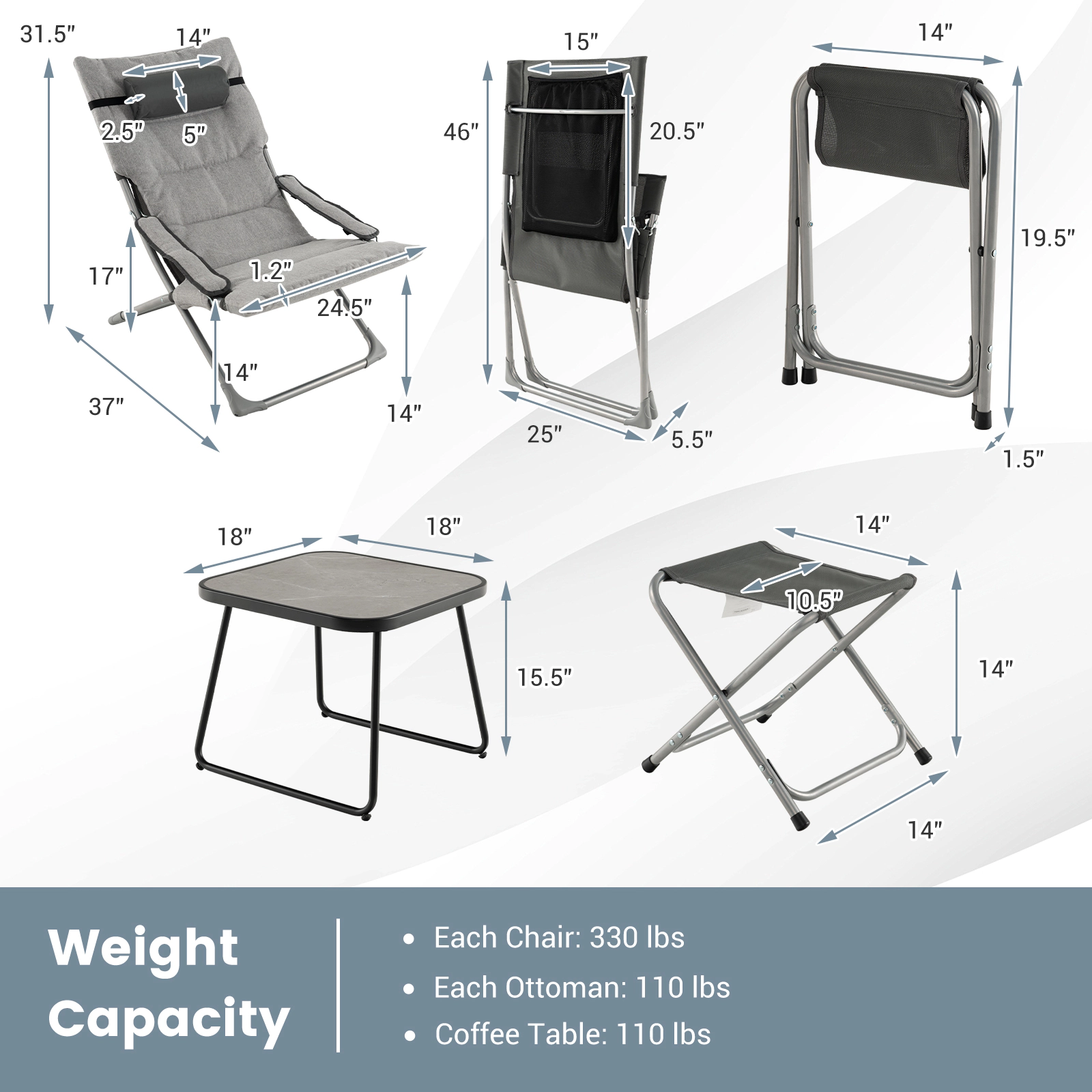 Hivvago 5-Piece Patio Sling Chair Set Folding Lounge Chairs with Footrests and Coffee Table