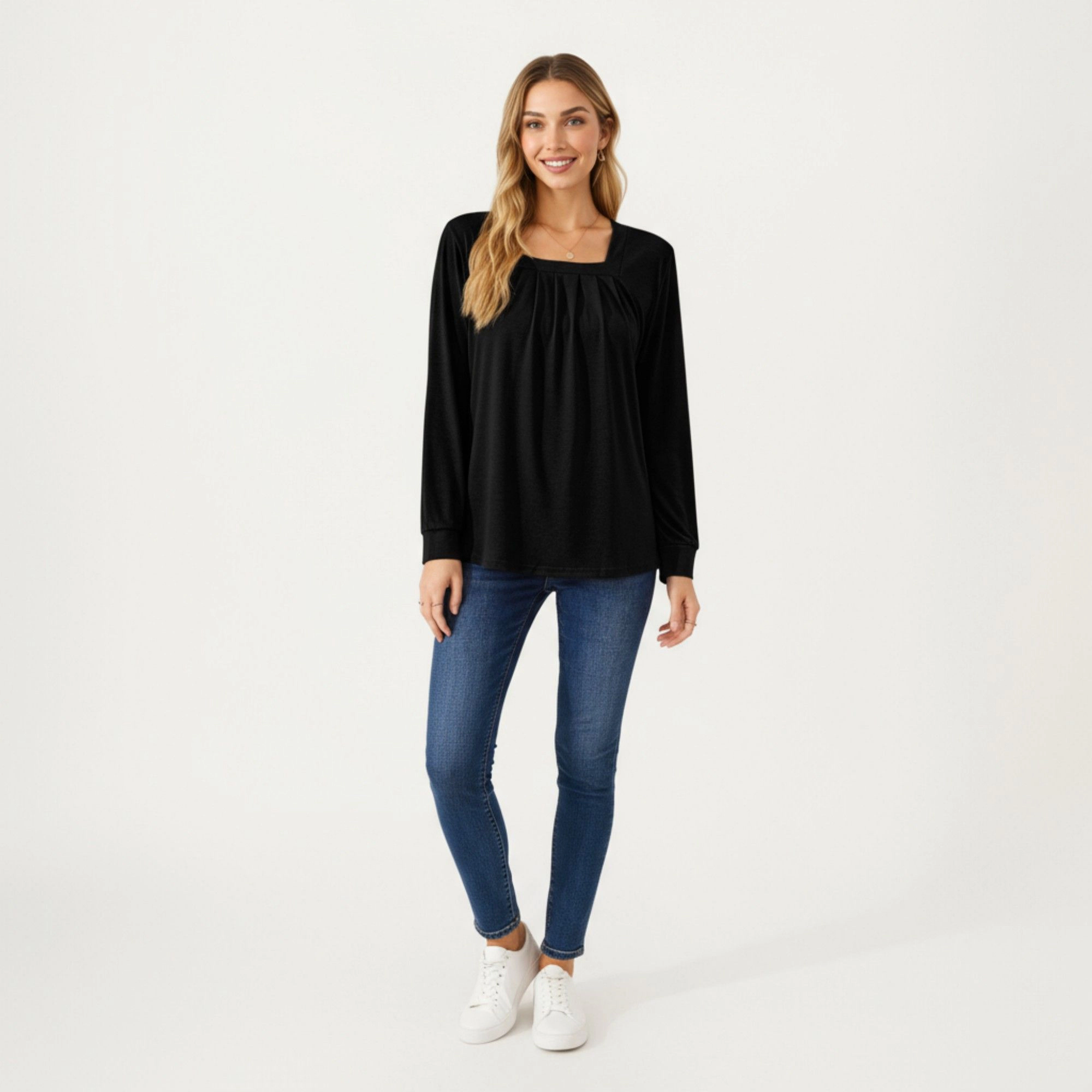 Anna-Kaci Women's Square Neck Front Pleat Relaxed Fit Long Sleeve Top