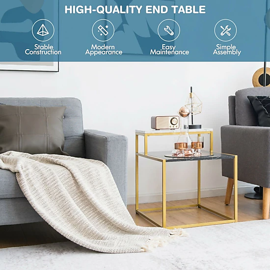 SlickBlue 2 Tier Side Table with Marble Finish and Metal Frame, Color ...
