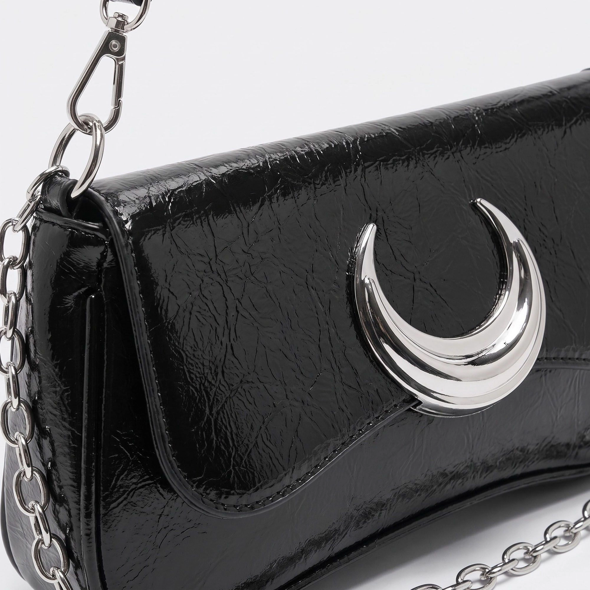 Alilang Women's Glossy Crescent Accent Flap Shoulder Bag with Chain Detail