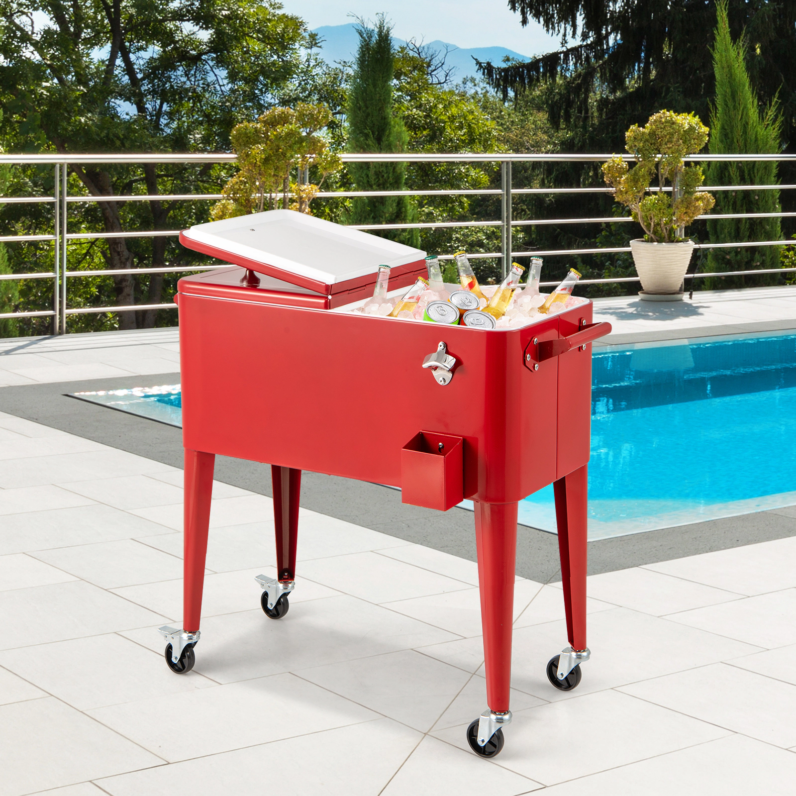 SUGIFT Insulated Rolling Outdoor Patio Cooler Cart 80-Quart 29.4-in Basin 72-Hour Cooling 35.8 x 18.3 x 33.5-in Red