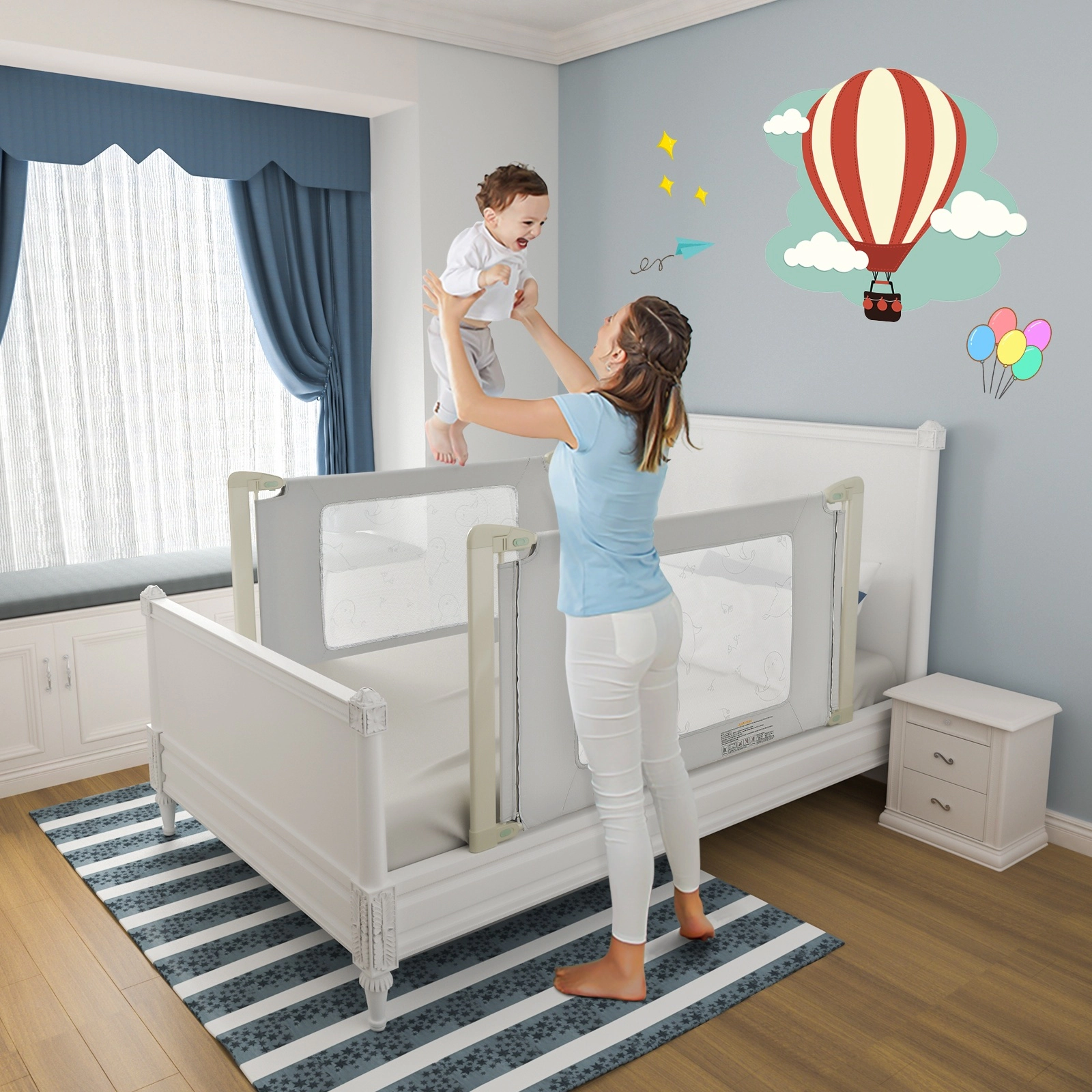 SUGIFT Extra-Long Seamless Bed Rail Guard for Toddlers with Adjustable 31-37-in Height and Double Safety Lock 59-in Gray