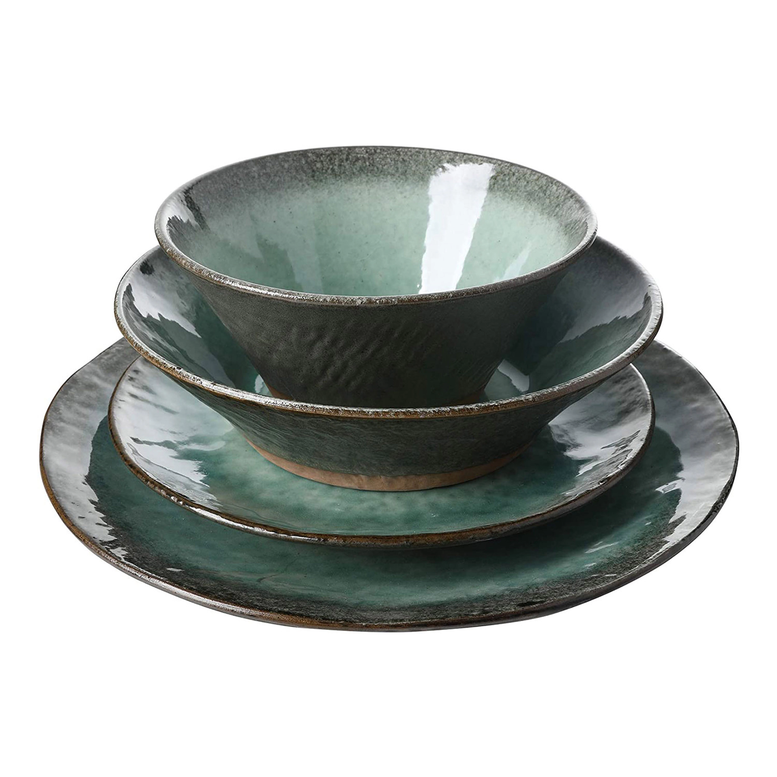 Gibson Elite Green Lantern 16 Piece Round Terracotta Double Bowl Dinnerware Set