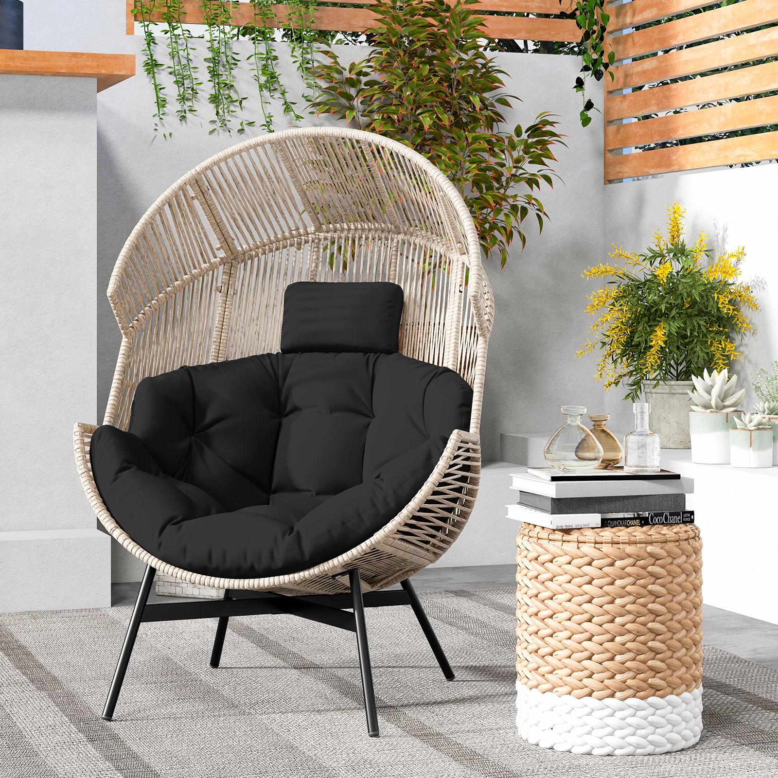 SUGIFT Oversized PE Rattan Headrest Cushions Wicker Egg Lounge Chair 40-in x 38-in x 55-in 400-lb Capacity Black