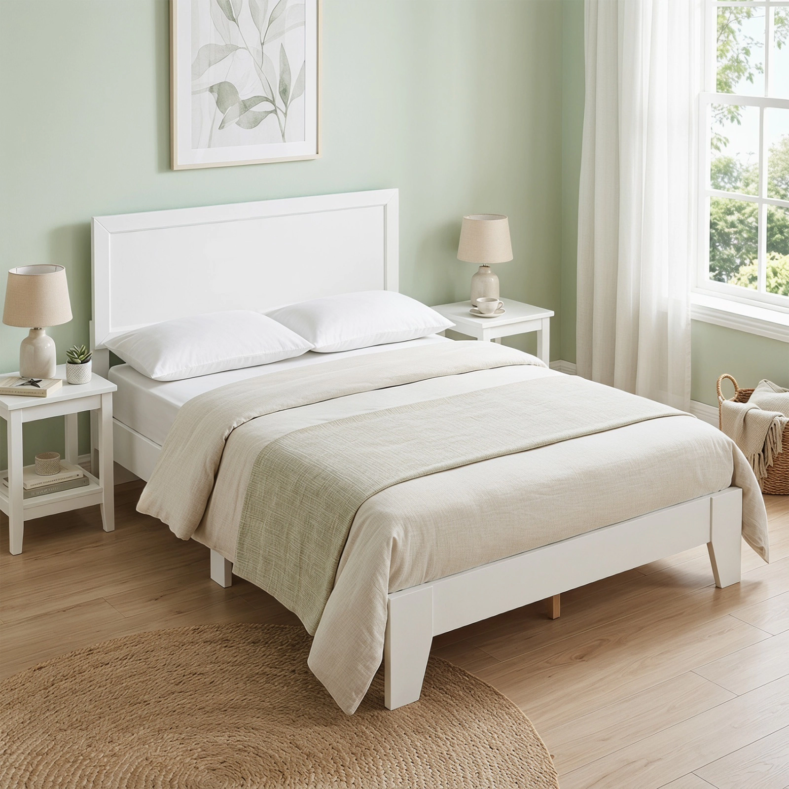 SUGIFT Full Size White Platform Bed with Mid-Century Panel Headboard