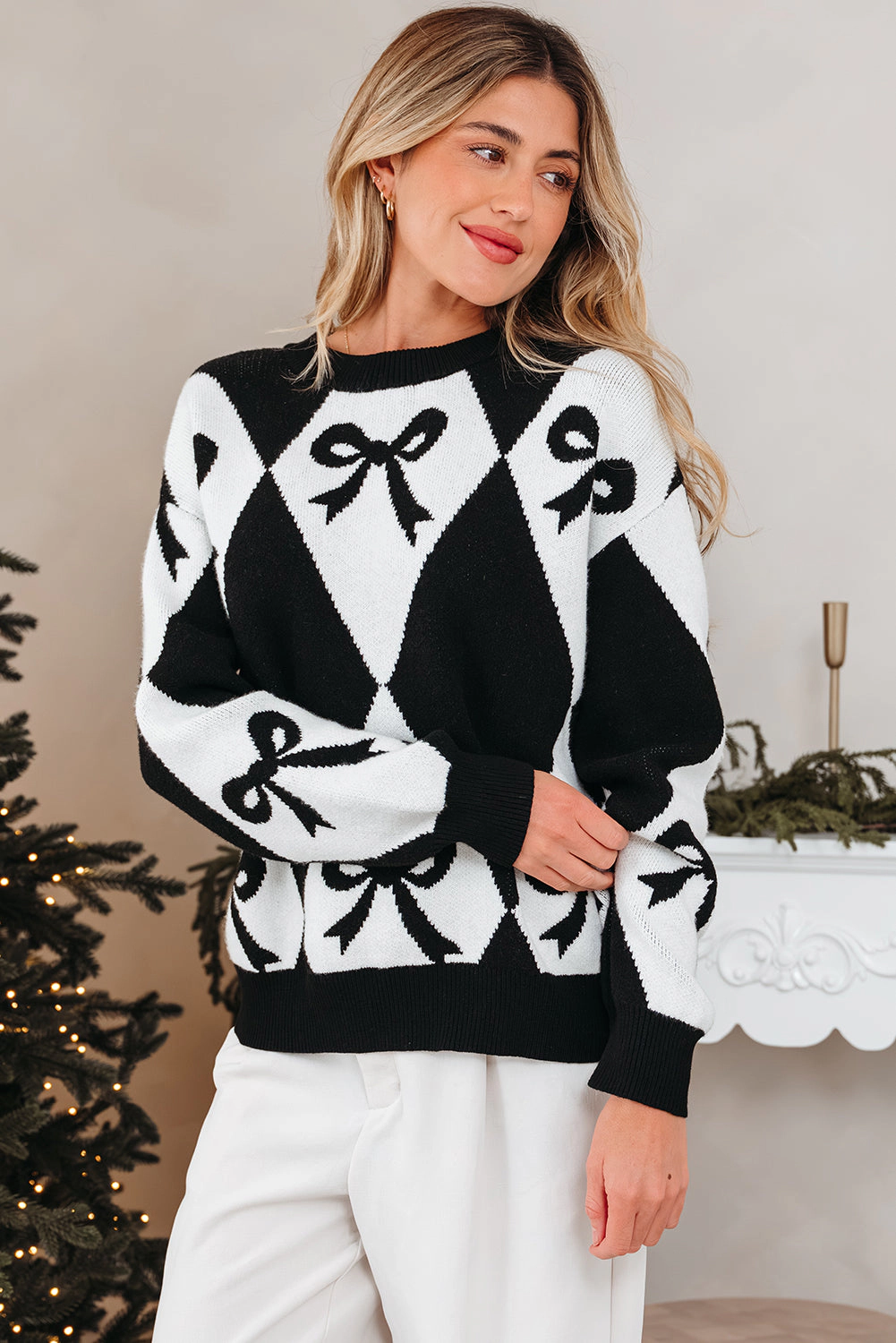 Threaded Pear Women's Daetta Rhombus Knit Loose Sweater