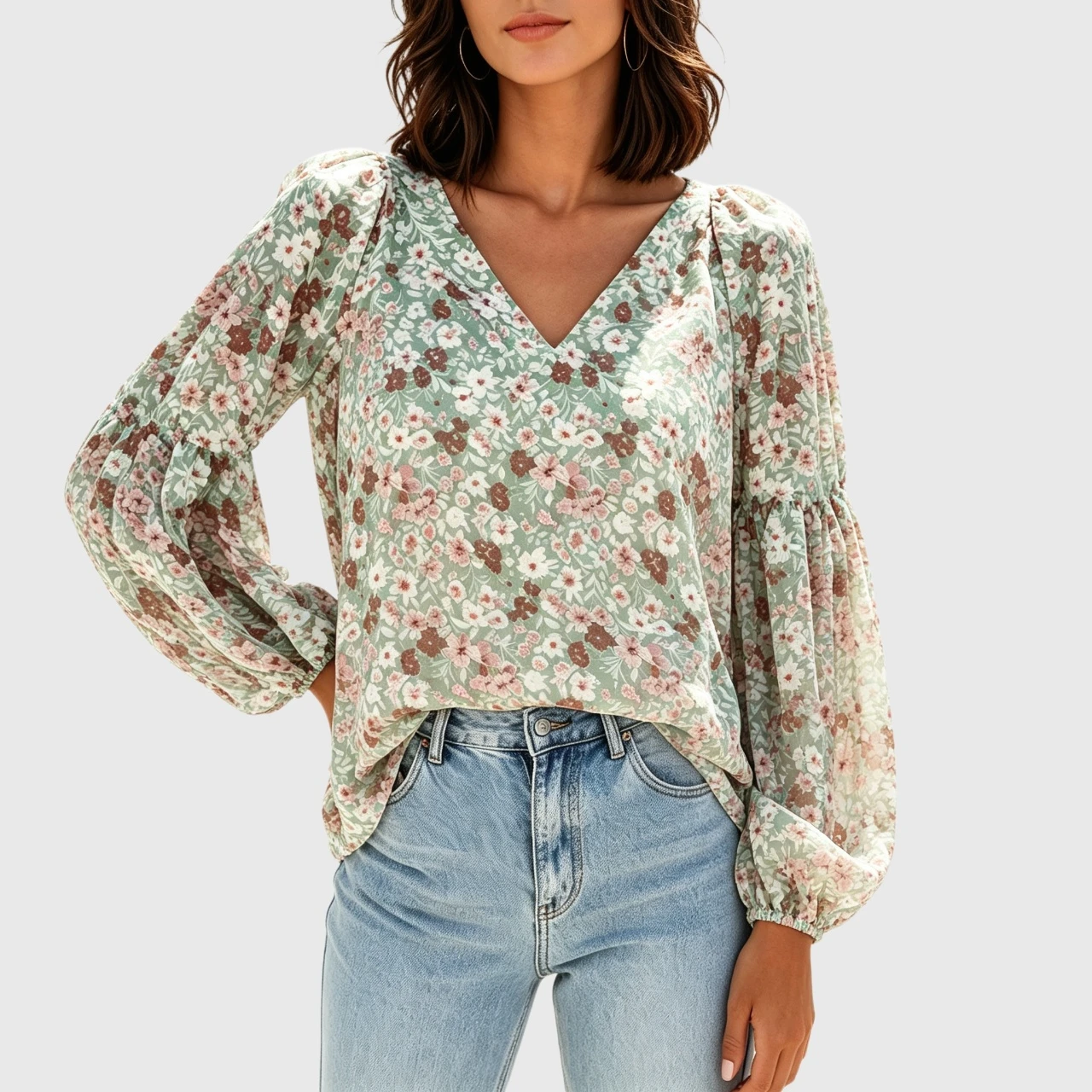 YesFashion Women's Casual Boho V Neck Long Sleeve Blouses Floral Print Loose Shirt Tops