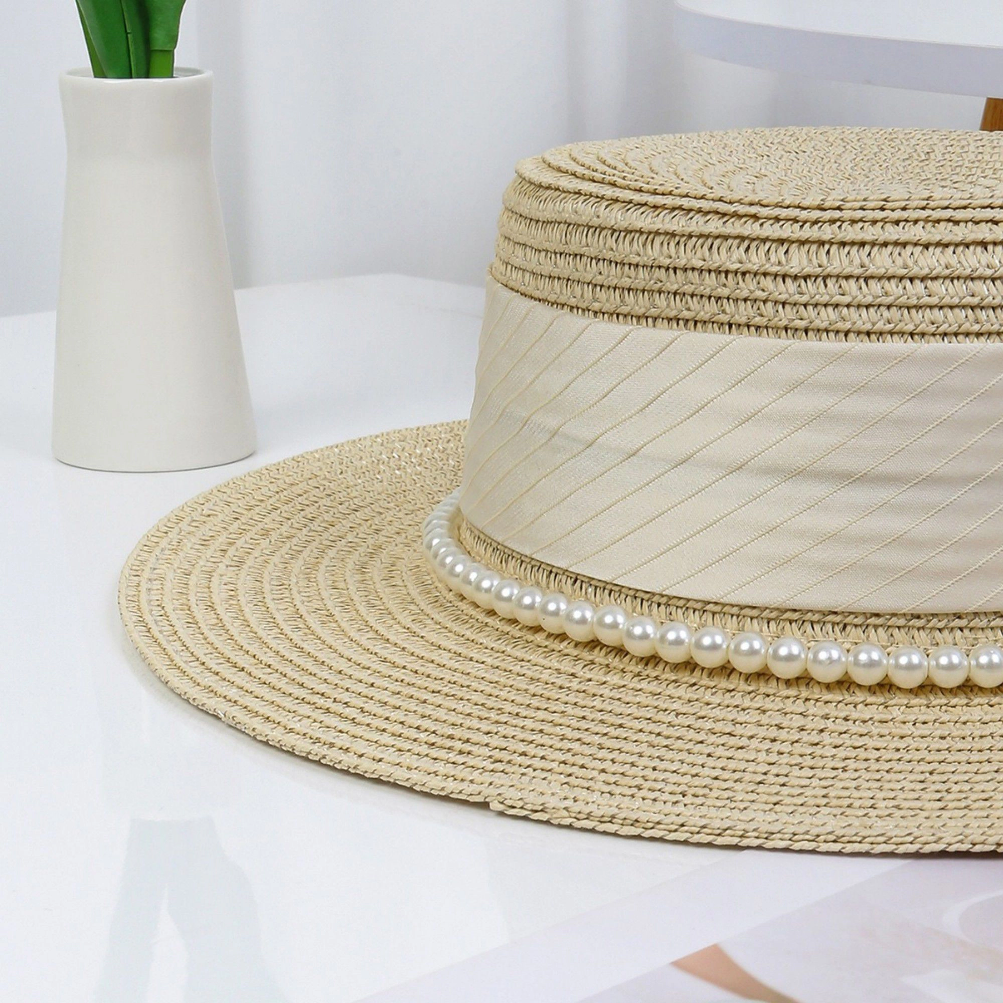 Anna-Kaci Women's Straw Boater Hat with Flat Brim Structured Crown Pearl Ribbon Band Detail