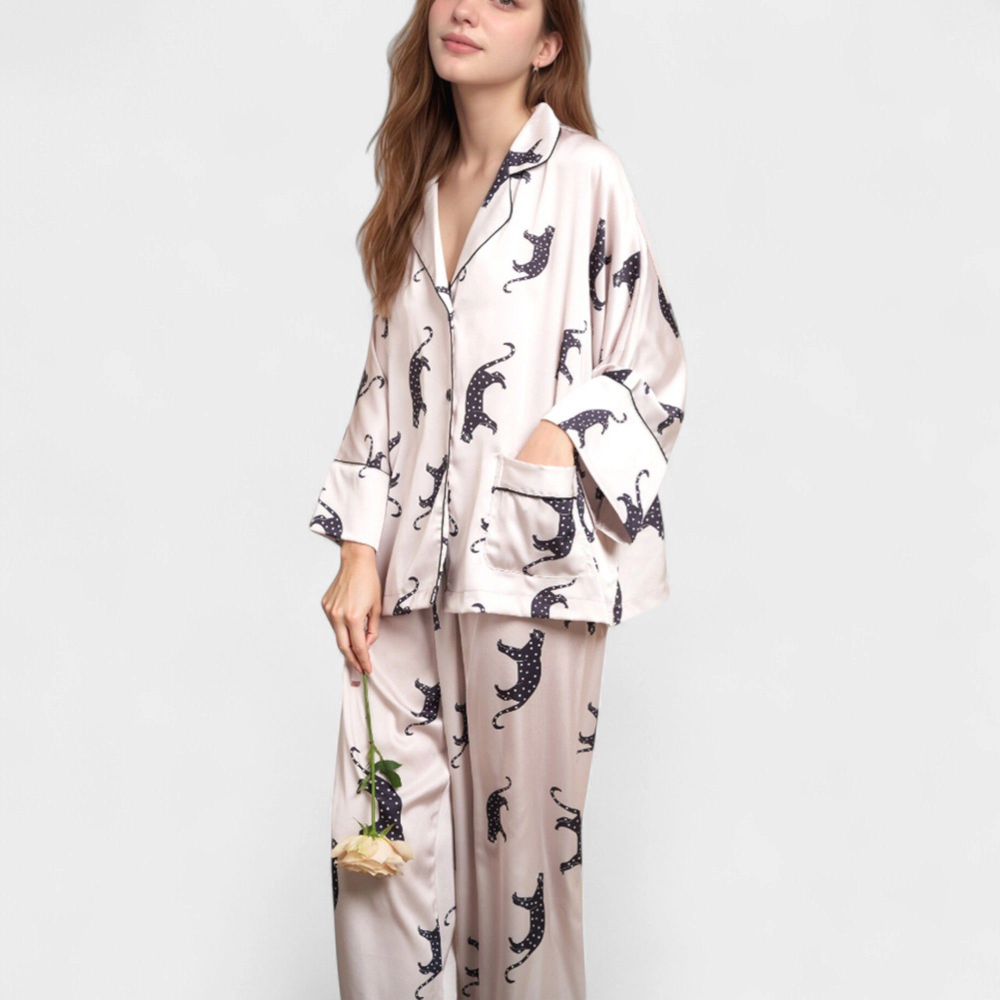 Anna-Kaci Women's Cat Print Satin Pajama Set Long Sleeve Button Up Top with Elastic Waist Full-Length Pants