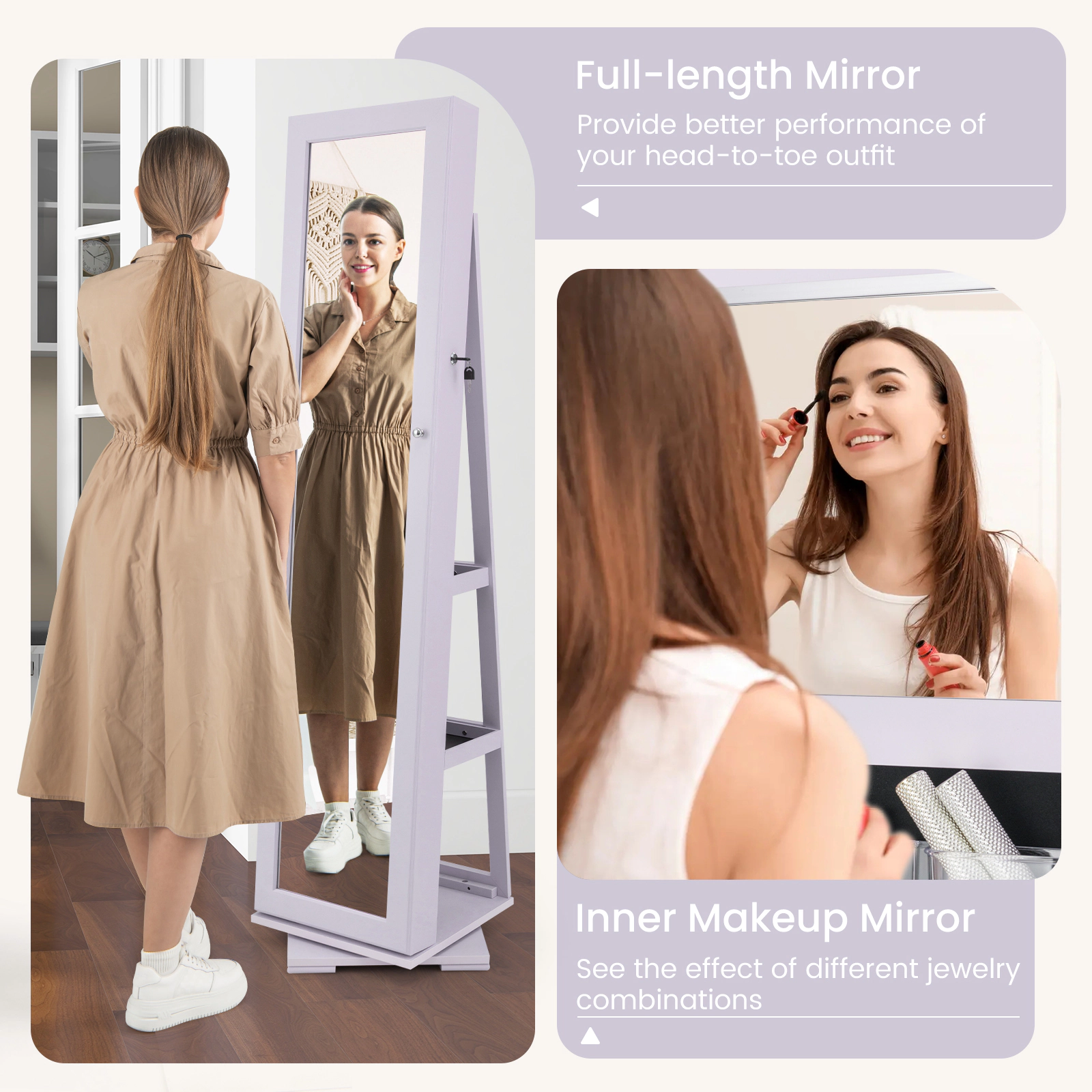 SUGIFT 360° Rotatable 2-in-1 Lockable Jewelry Cabinet with Full-Length 63.5-in Mirror 48-lb P2 MDF Organizer Purple