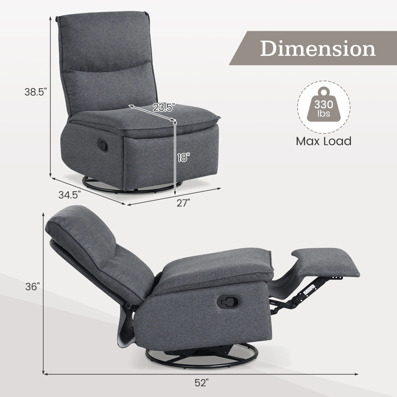 SUGIFT 360 Degree Swivel Rocking Recliner Chair Gray with Padded Footrest