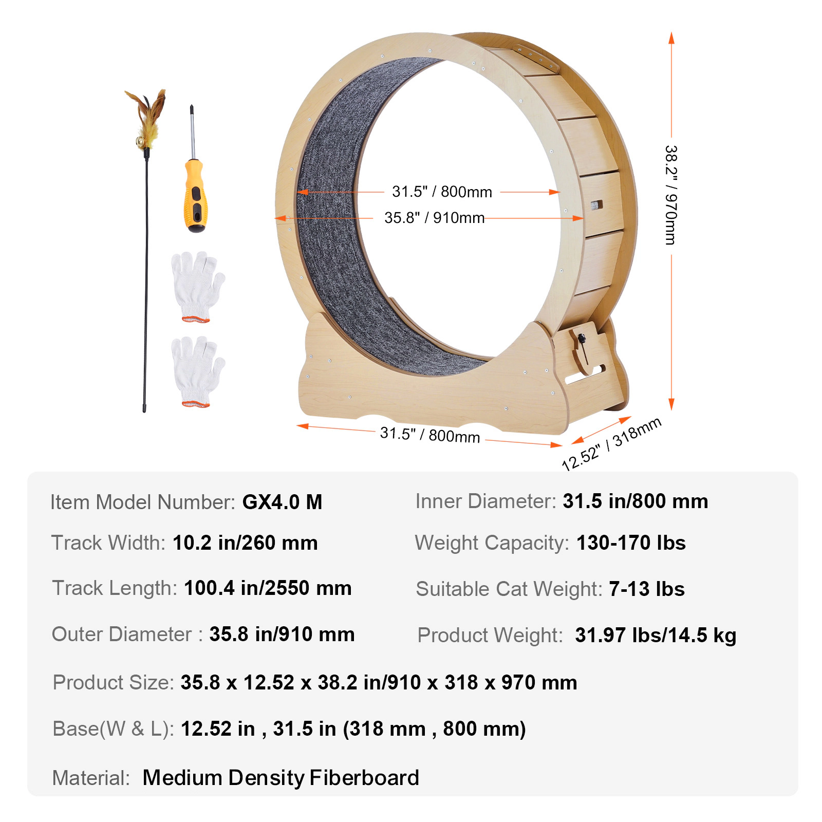 HONGGE Cat Exercise Wheel Large Cat Treadmill Wheel for Indoor Cats Cat Running Wheel with Detachable Carpet and Cat