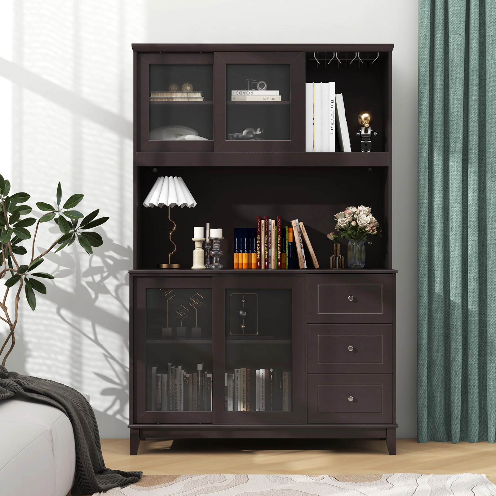 Glintex 73-Inch Kitchen Hutch with LED Lights and Sliding Glass Doors
