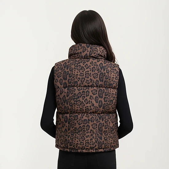 Anna-Kaci Women's Leopard Print Puffer Vest with High Stand Collar and Quilted Soft-Padded Body