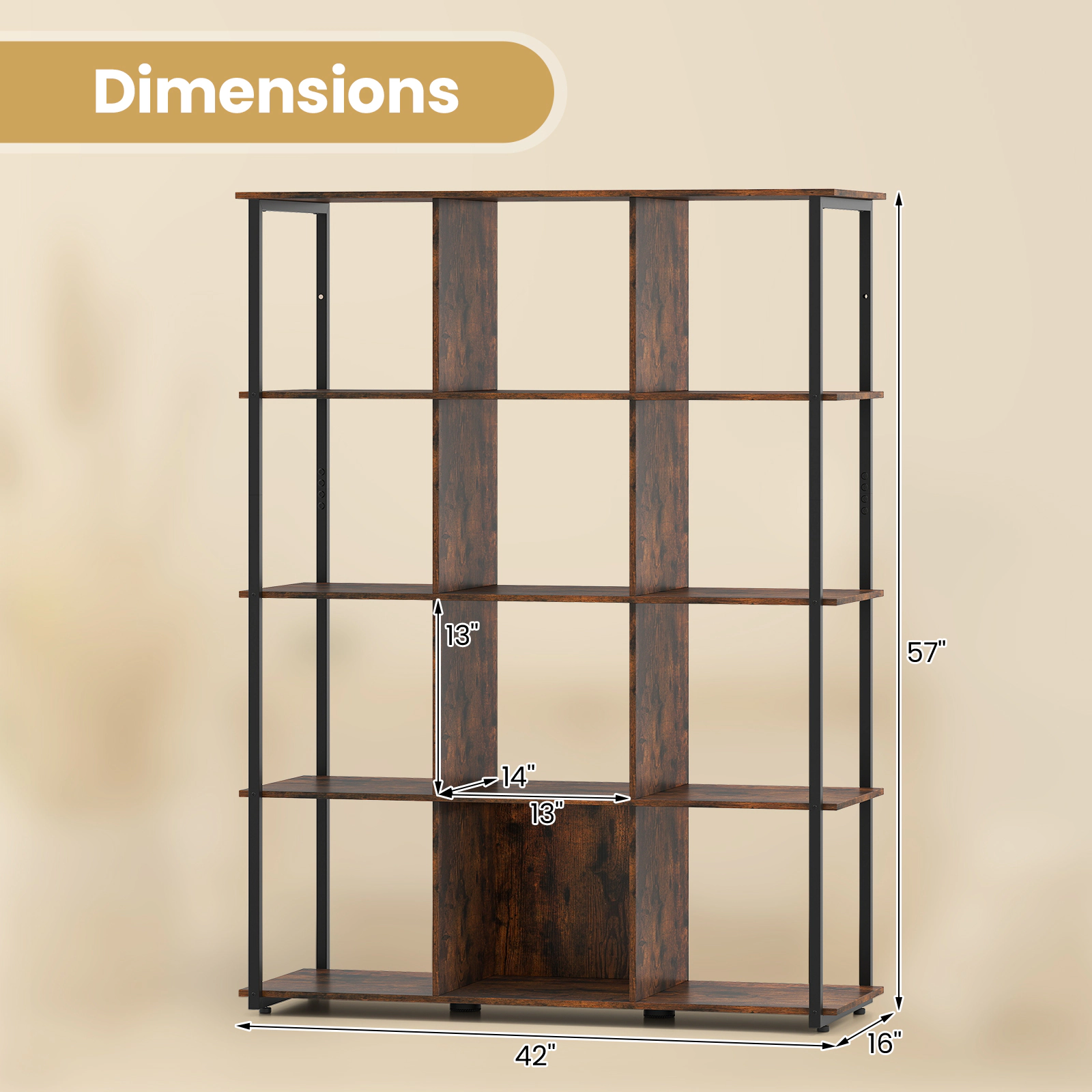 SUGIFT 12-Cube Rustic Brown 57-in Tall Cube Storage Organizer Bookshelf with 2 Anti-Tipping Kits