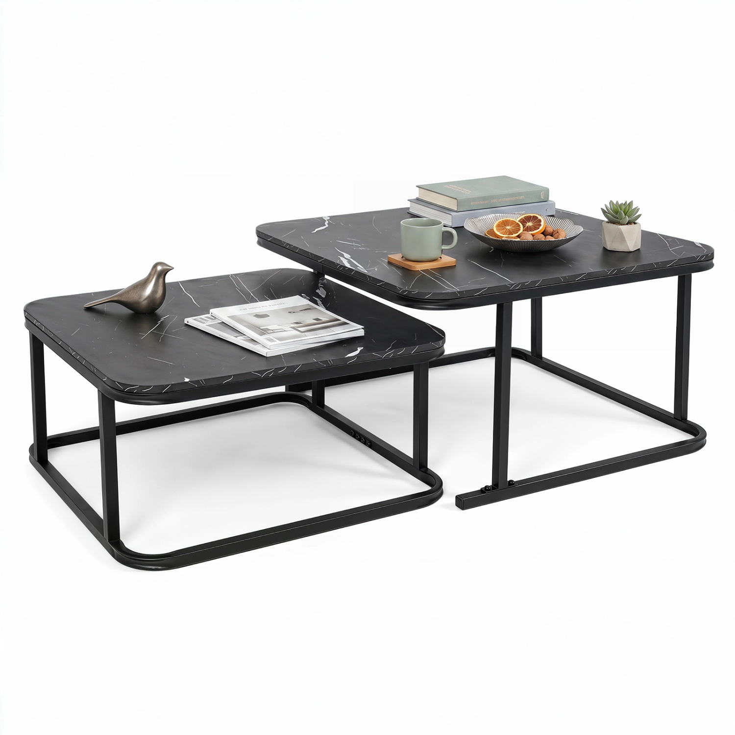 LJG Nesting Coffee Table Set of 2 with Faux Marble Top and Metal Frame